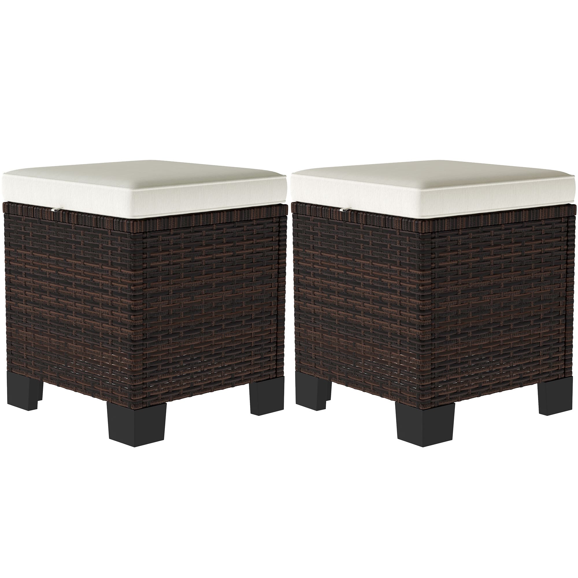 Outsunny - Piece Wicker Outdoor Ottomans with Cushions, Rattan Ottoman Footrest and Side Table for Patio, Yard - Beige