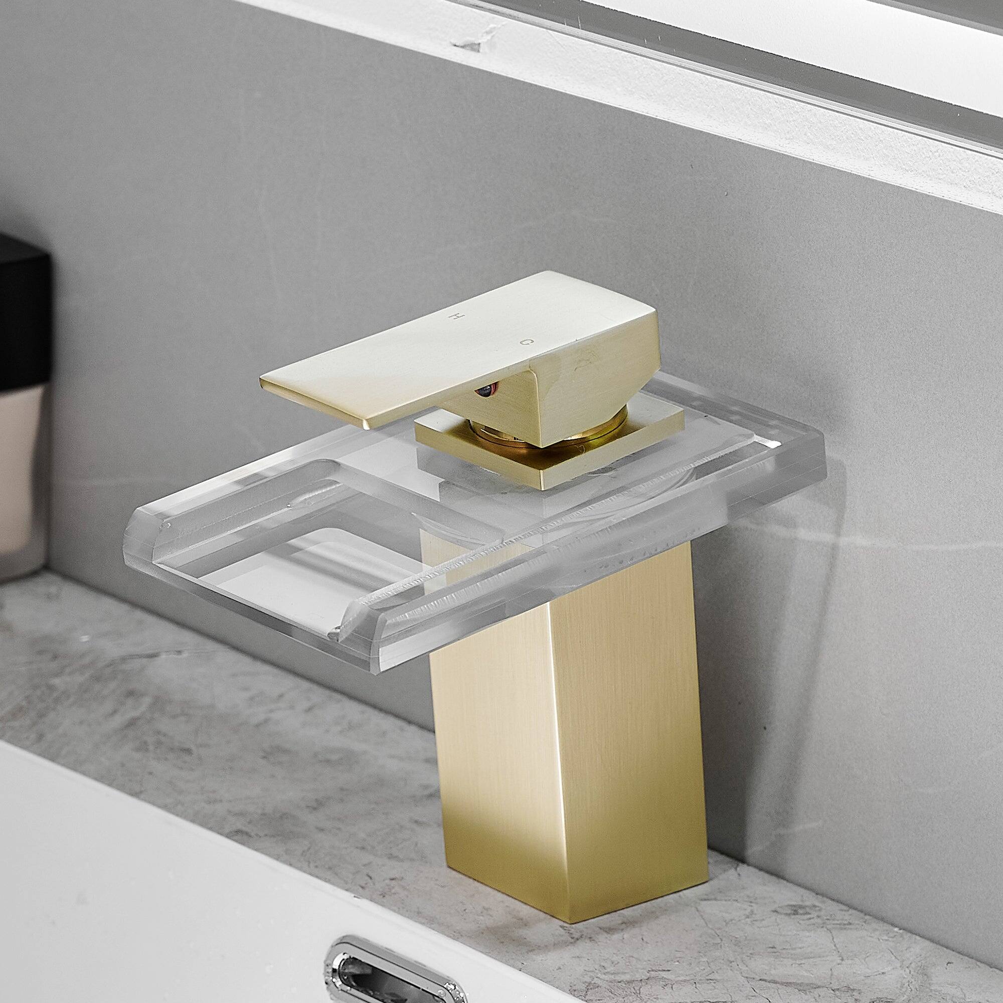 Angle. Boyel Living - Brass Single Handle Single Hole Bathroom Faucet Brushed Gold with LED Temperature Sensor and Supply Hoses Easy Install - Brushed Gold.