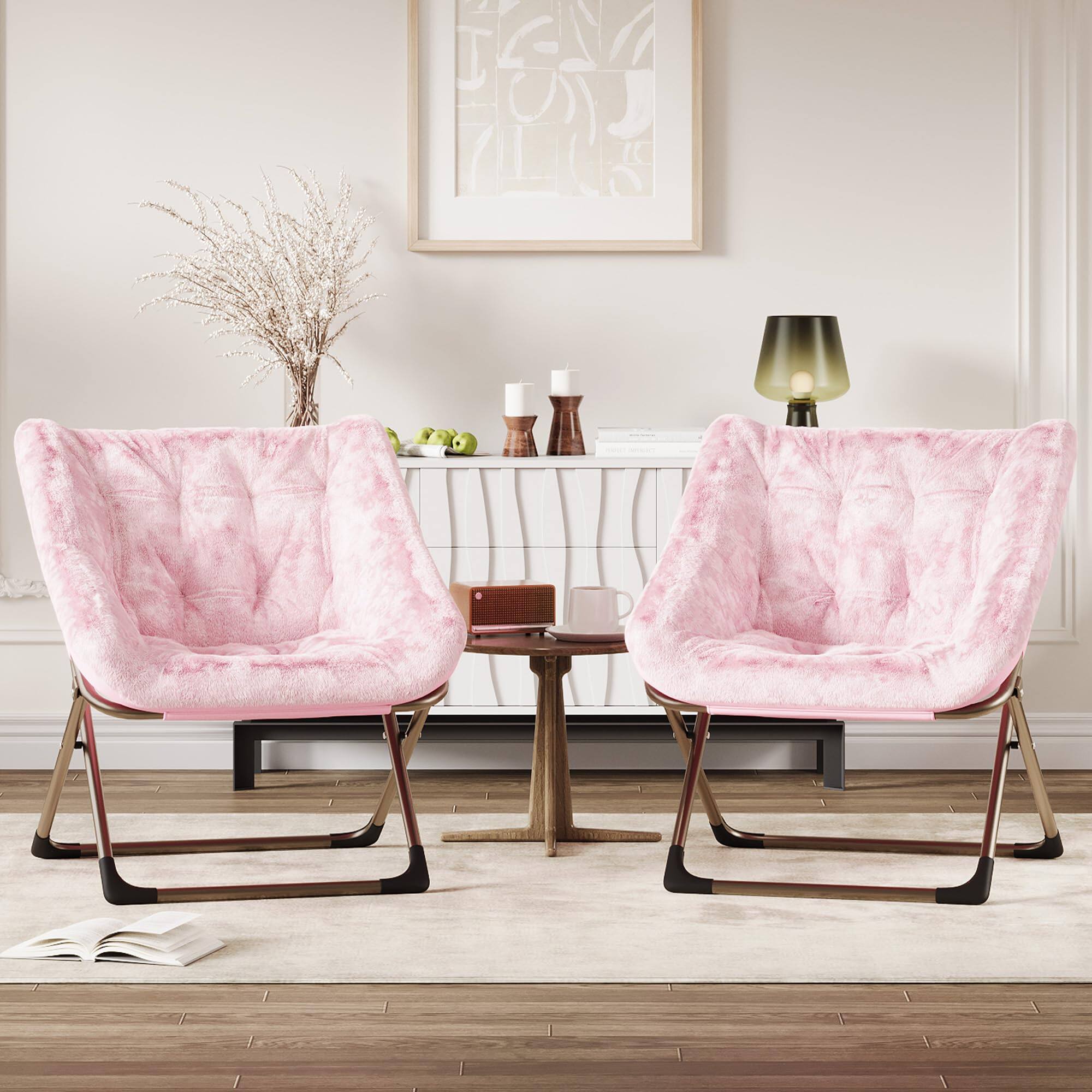 Left. Jojoka - Foldable Dish Saucer Chair - Rabbit Fur Comfy Lounge Chair with Metal Frame for Kids, Teens & Adults - Pink.
