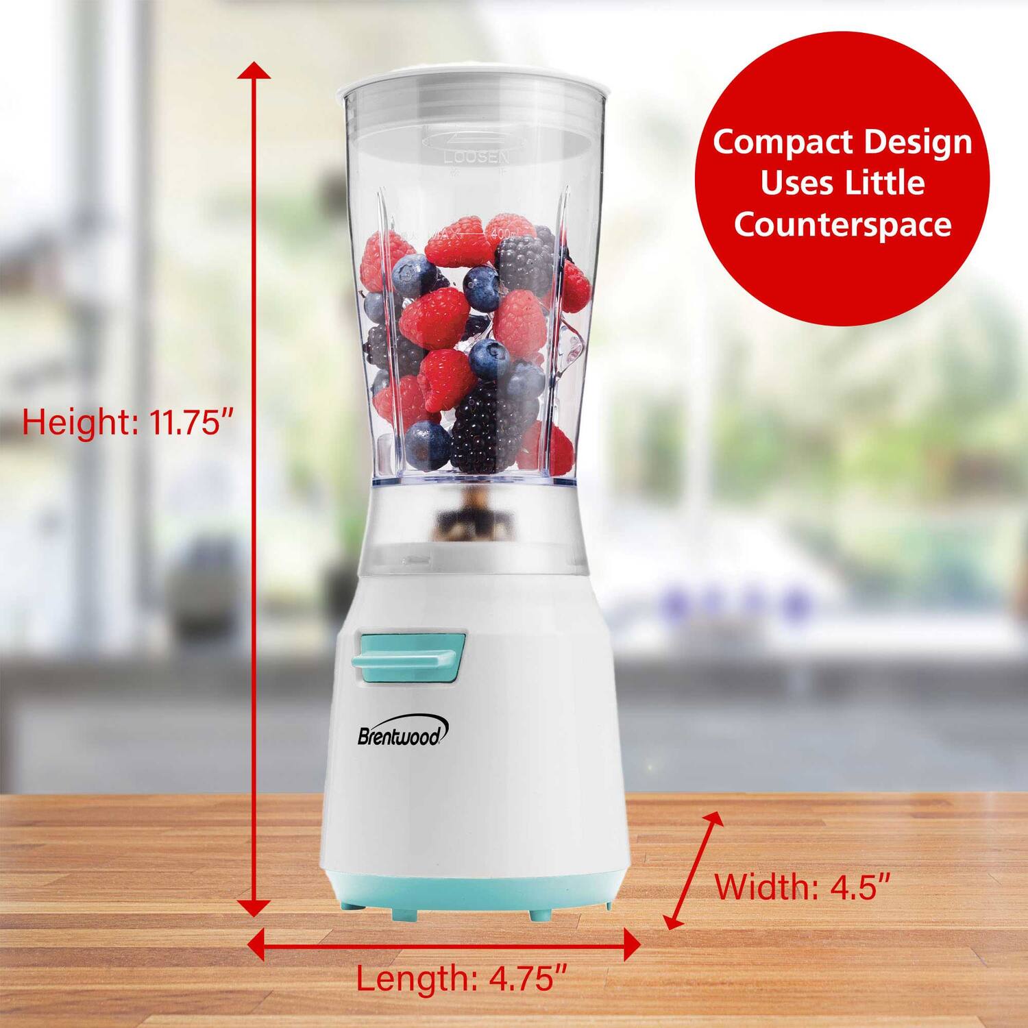 LOOSEN Compact Design Uses Little Counterspace  
Height: 11.75"  
Brentwood  
Width: 4.5"  
Length: 4.75"