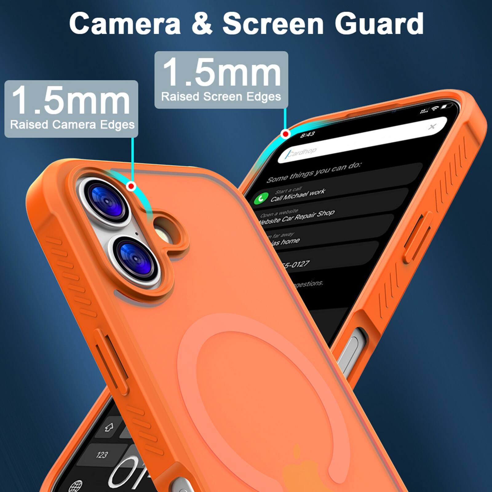 Camera & Screen Guard  
1.5mm Raised Camera Edges  
1.5mm Raised Screen Edges  

Some things you can do:  
- Start a call  
- Call Michael work  
- Open a website  
- Website Car Repair Shop  
- Go far away  
- Go home  

Call Michael: 55-0127  
Questions.