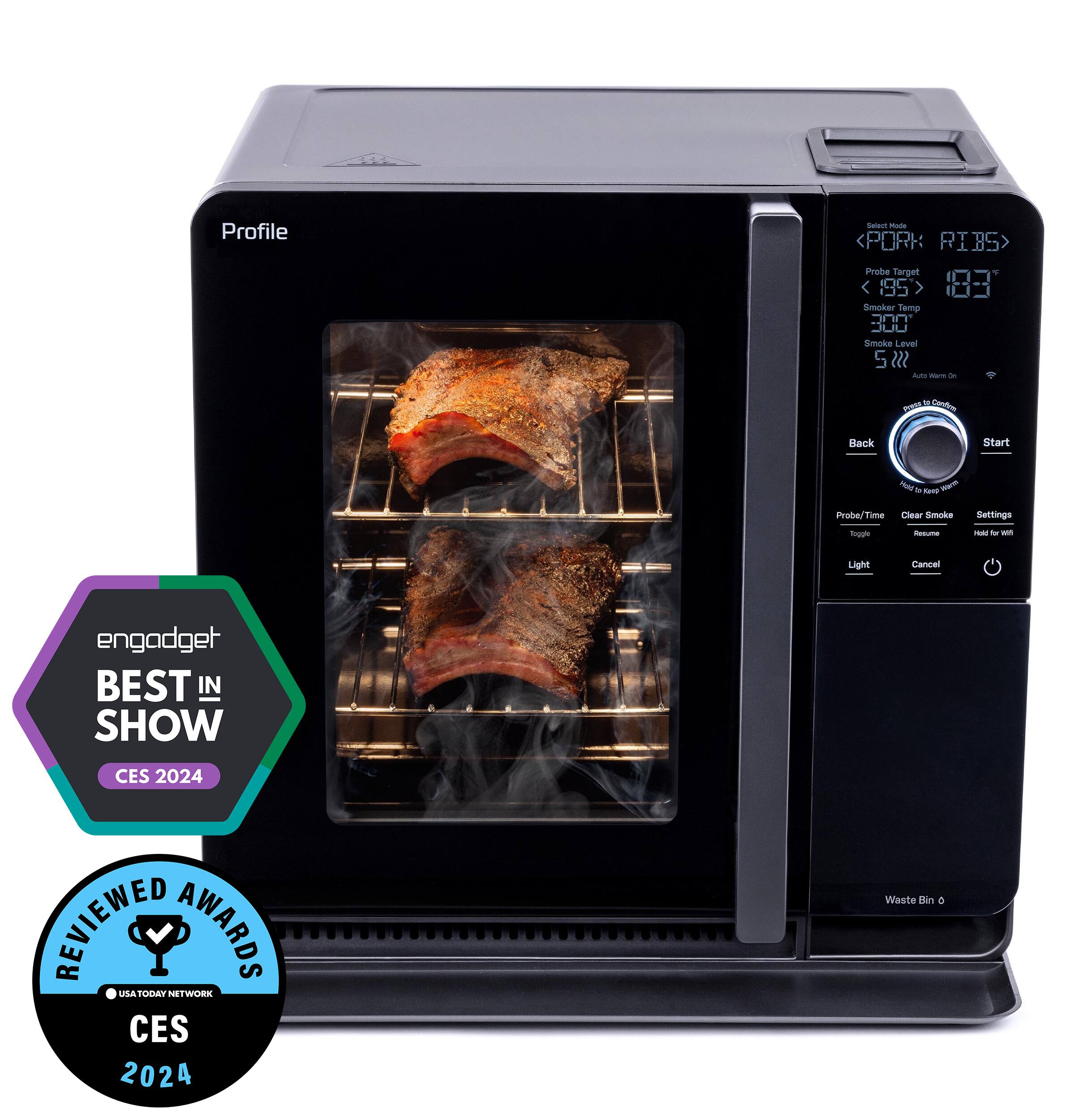 Profile Seaut - <PORK RIBS> Probe Tarpet : 135> 03 Smoker Temp  J Smoke Lave 5 m -d - - .. Condie - Hack Start - . Sm - Probe/Tine Time Clear Smoke Settings Ingpie Cum  - - Light Canceel engadget BEST IN SHOW CES 2024 REVIEWED AWARDS  TOtY NETWORK CES 2024 Waste thin a