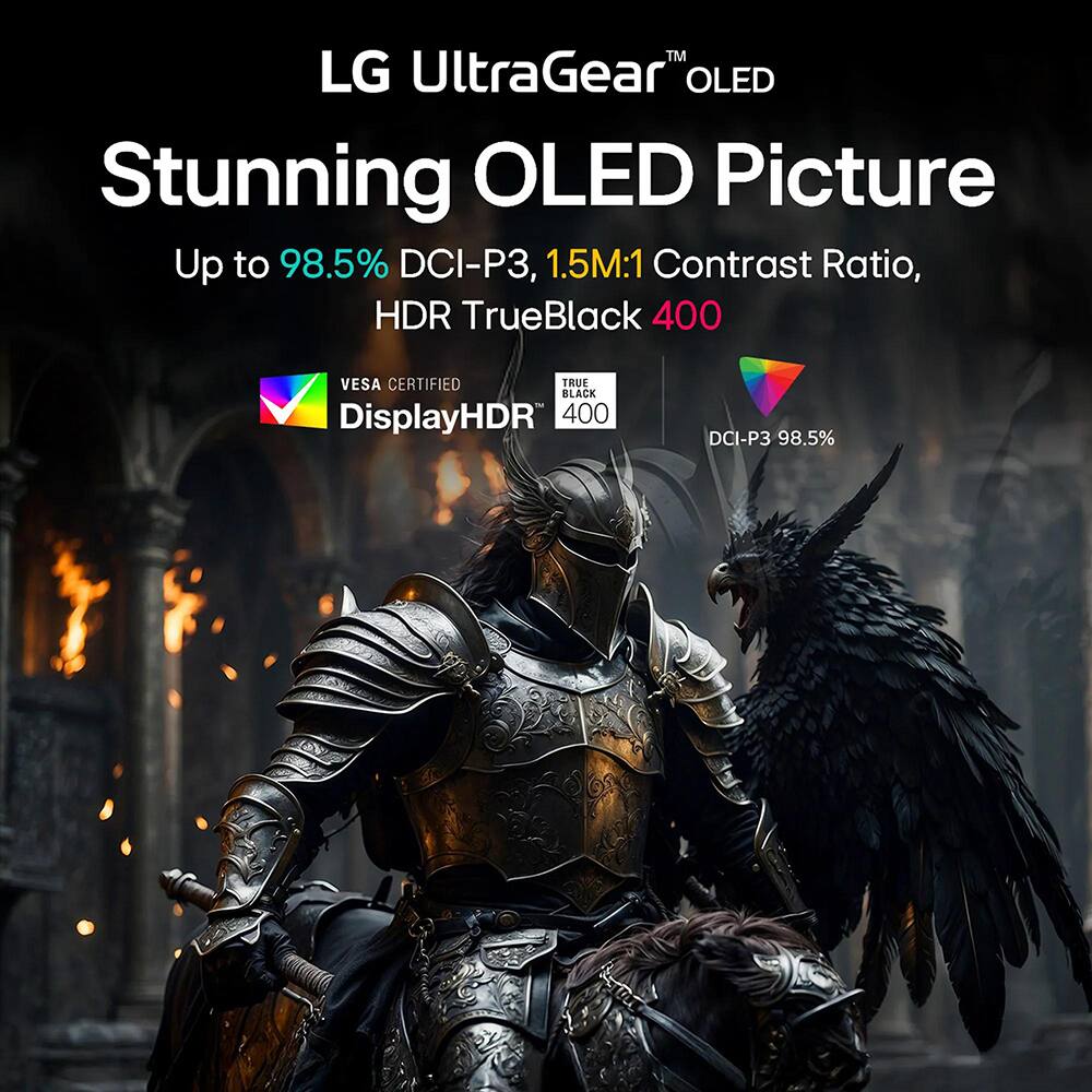 LG UltraGear™ OLED  
Stunning OLED Picture  
Up to 98.5% DCI-P3, 1.5M:1 Contrast Ratio, HDR TrueBlack 400  
VESA CERTIFIED DisplayHDR™ 400  
DCI-P3 98.5%