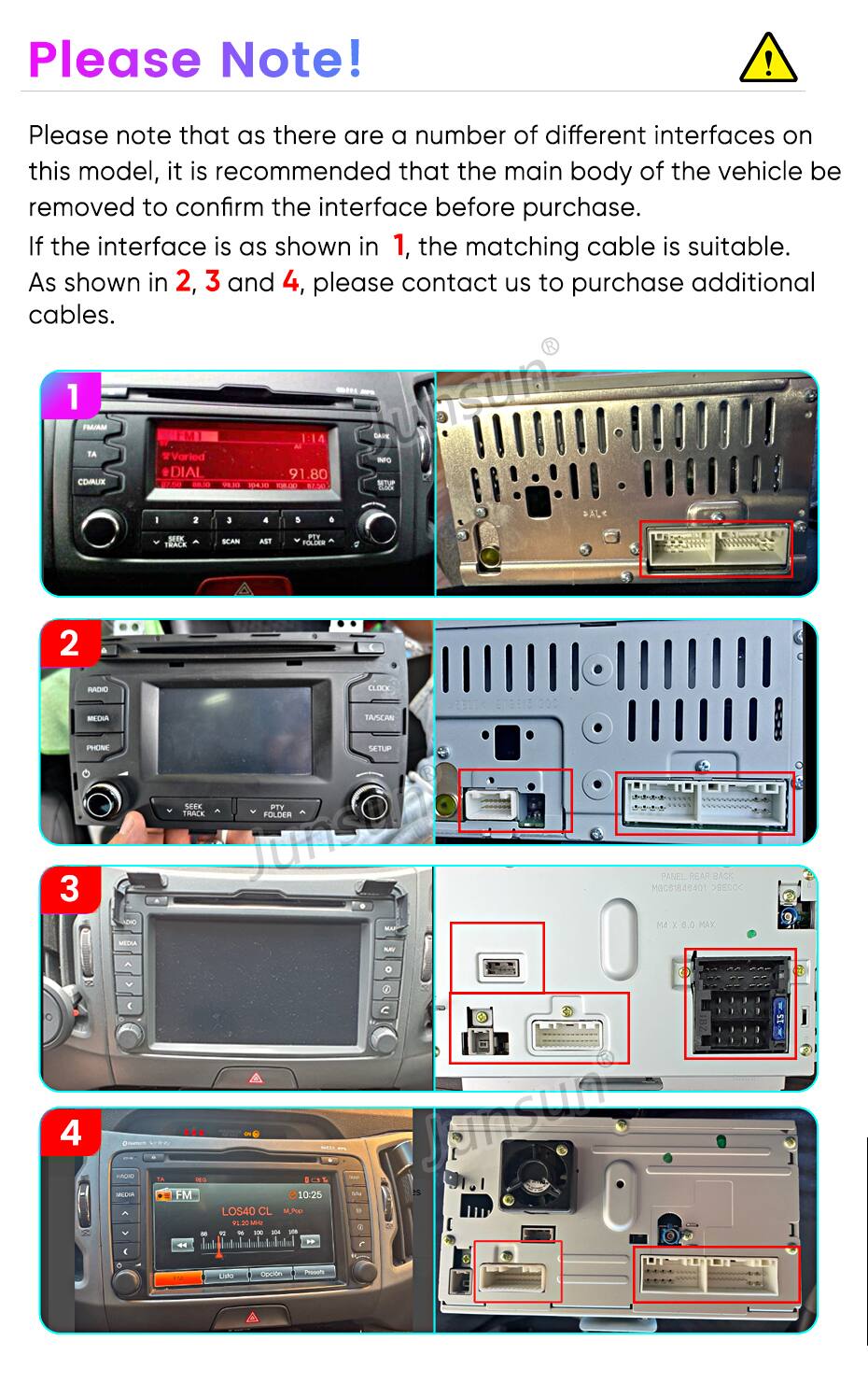 Please Note!

Please note that as there are a number of different interfaces on this model, it is recommended that the main body of the vehicle be removed to confirm the interface before purchase. If the interface is as shown in 1, the matching cable is suitable. As shown in 2, 3 and 4, please contact us to purchase additional cables.

1
2
3
4