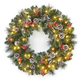 Acekool - 24 Inch Christmas Wreath Prelit Artificial Xmas Wreaths with 50 LED Lights Frosted Branches Pine Cones for Front Door - Green