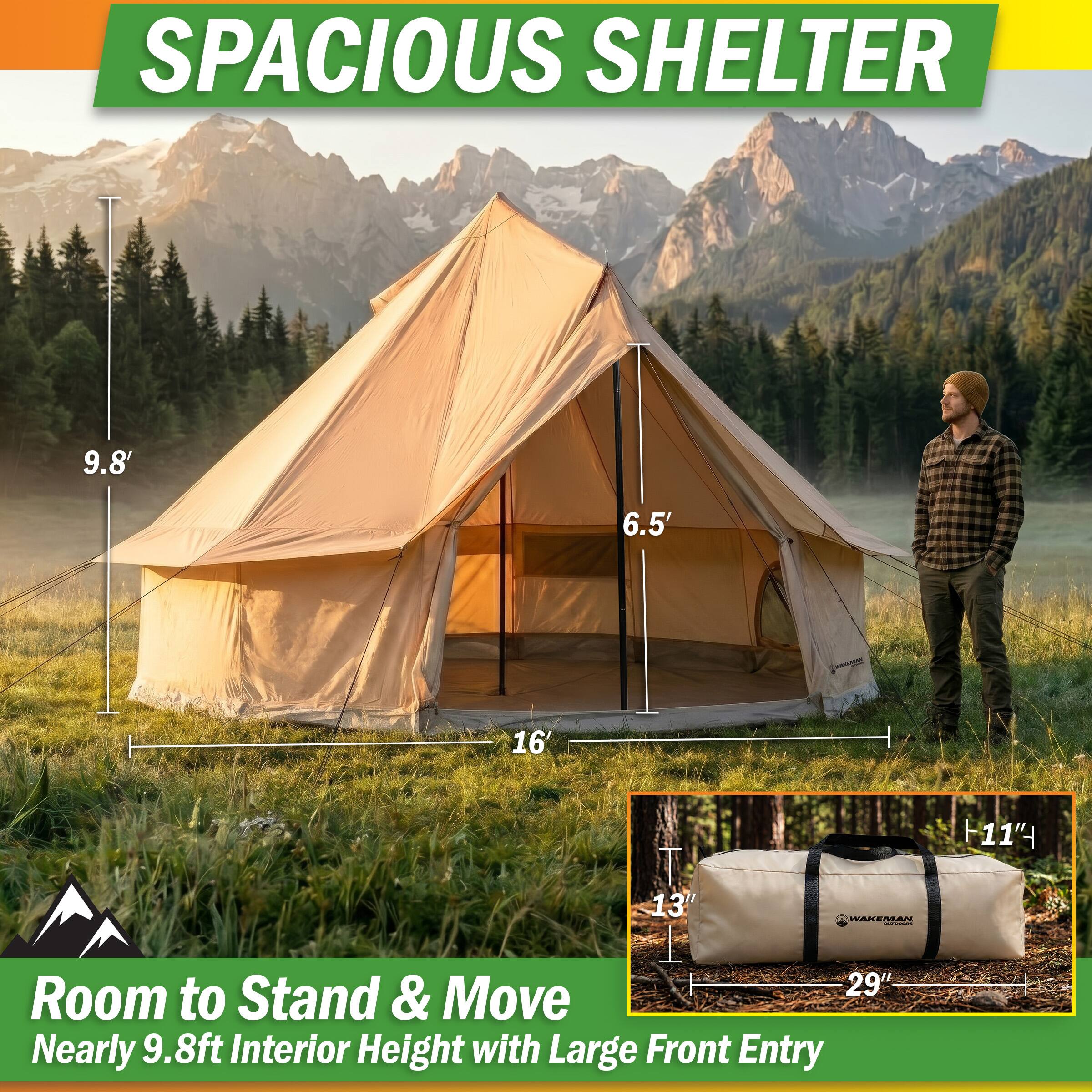 SPACIOUS SHELTER

9.8' 6.5' 16' 11" 13" IAESAN

Room to Stand & Move Nearly 9.8ft Interior Height with Large Front Entry