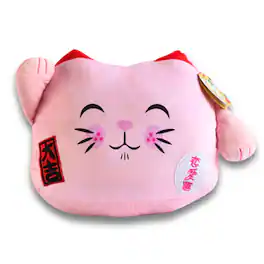 Maneki Neko - Printed Cushion Soft Velboa 12 inch / 30cm x 31cm Pink Closed Eye