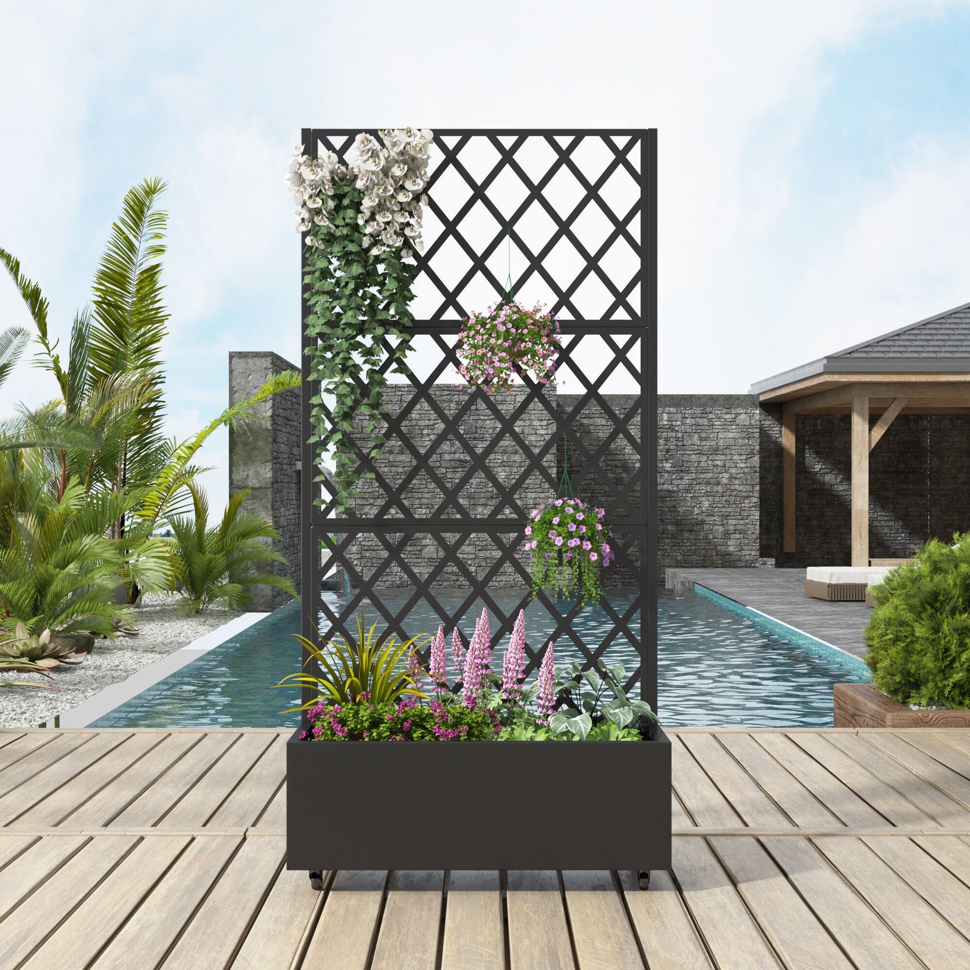Alt View 2. PexFix - 72 in. H x 35 in. W Diamond Pattern Rectangle Metal Planter Box Raised Garden Beds with Trellis-Ideal for Balcony - Black.