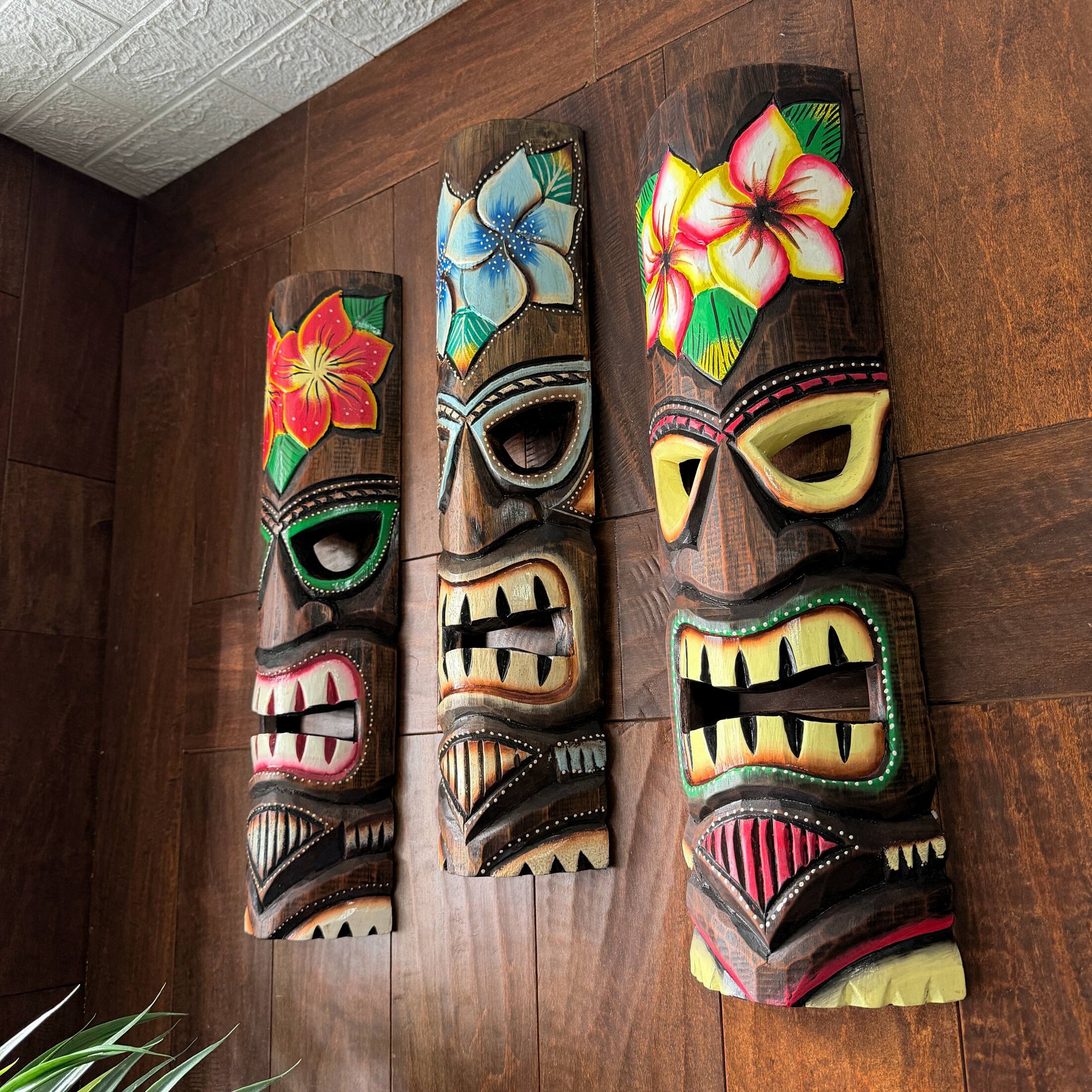 Alt View 4. Zeckos - Hand Carved Wooden Tiki Mask Wall Sculptures Set of 3 Tropical 19 Inch - Multicolored.