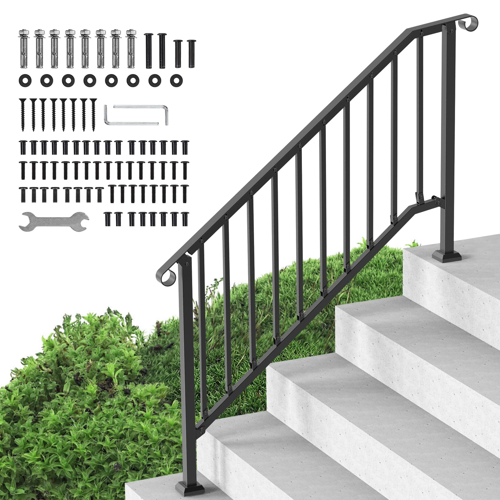 VEVOR - Handrails for Outdoor Steps, 5-6 Step Stair Hand Rail Kit, Transitional Carbon Steel Railings with Installation Kit - Black