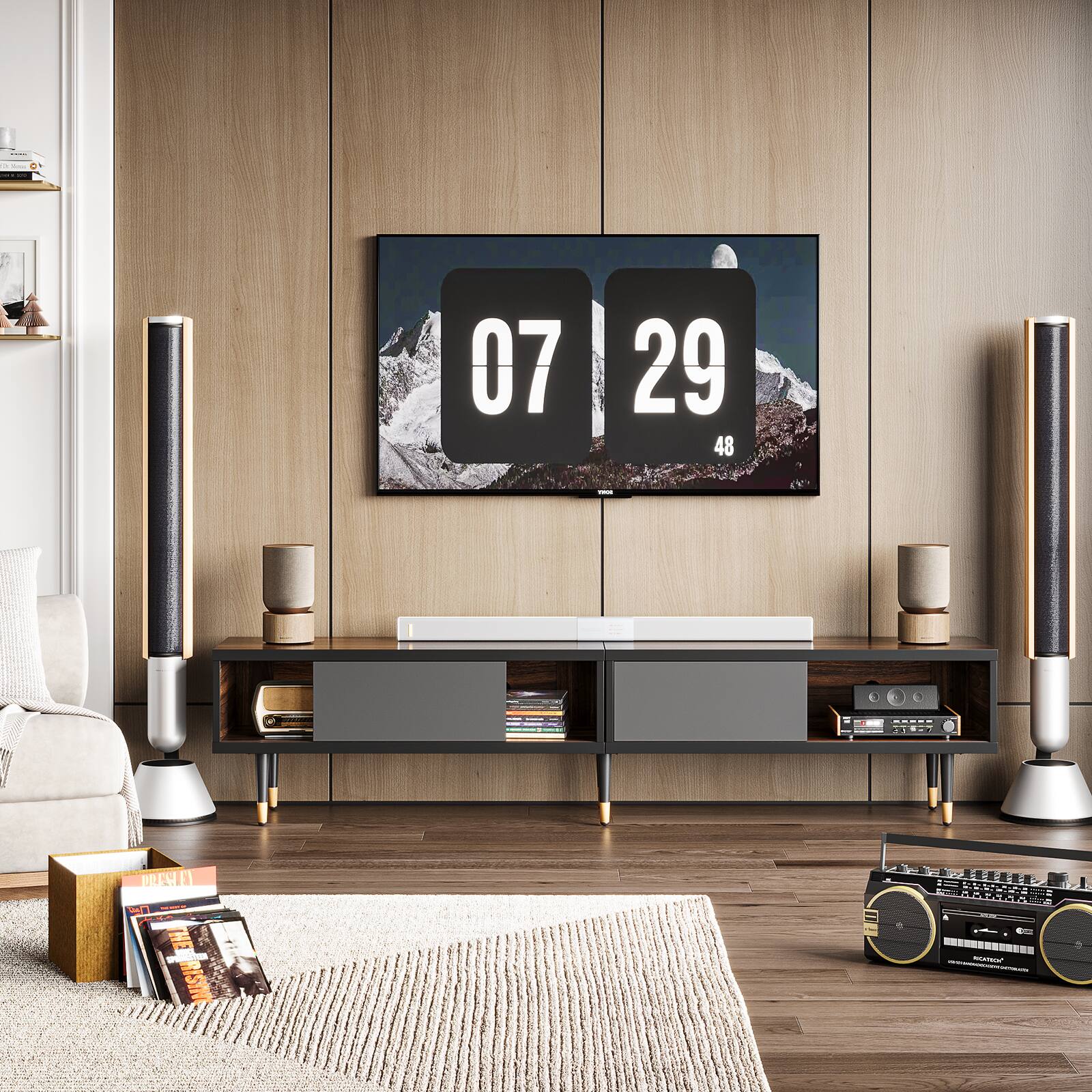 Left. Bestier - Bestier 80-Inch Mid-Century Modern Coffee Table with Sliding Doors for Living Room - Walnut.