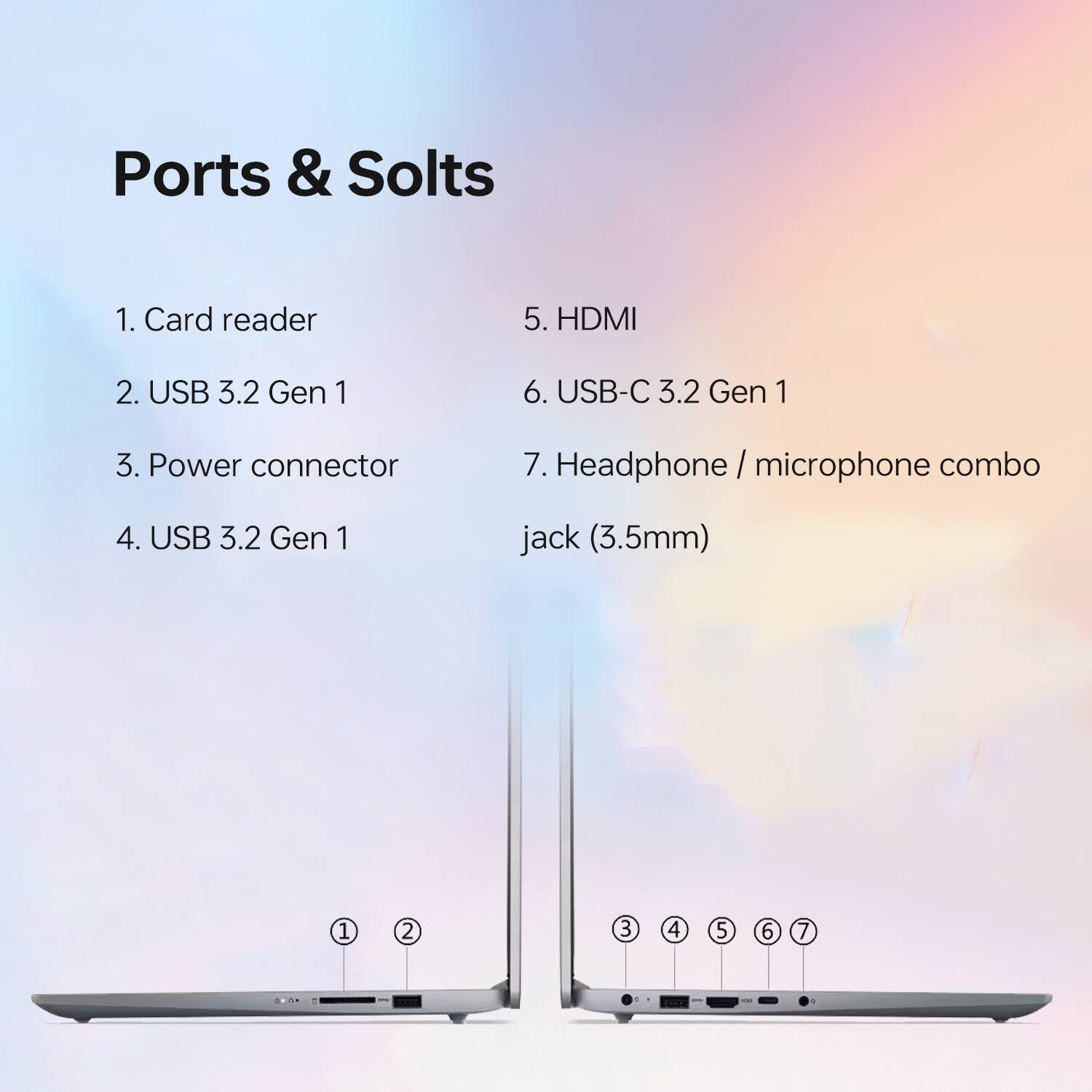 Ports & Slots

1. Card reader
2. USB 3.2 Gen 1
3. Power connector
4. USB 3.2 Gen 1
5. HDMI
6. USB-C 3.2 Gen 1
7. Headphone / microphone combo jack (3.5mm)