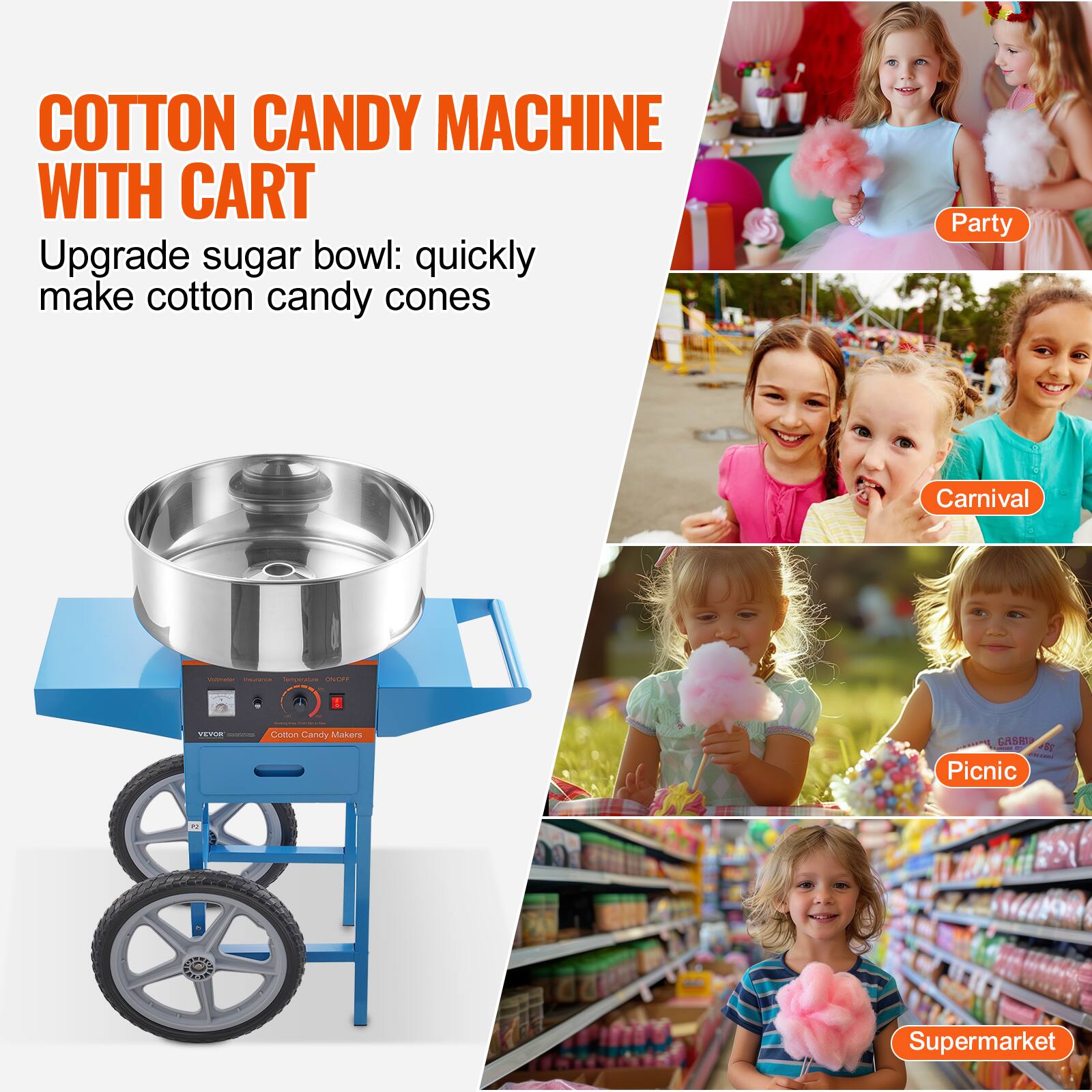 COTTON CANDY MACHINE WITH CART

Upgrade sugar bowl: quickly make cotton candy cones

Party Carnival - - - H .-- | Gomton Carbiy Makers GASHIP + I Picnic M Supermarket
