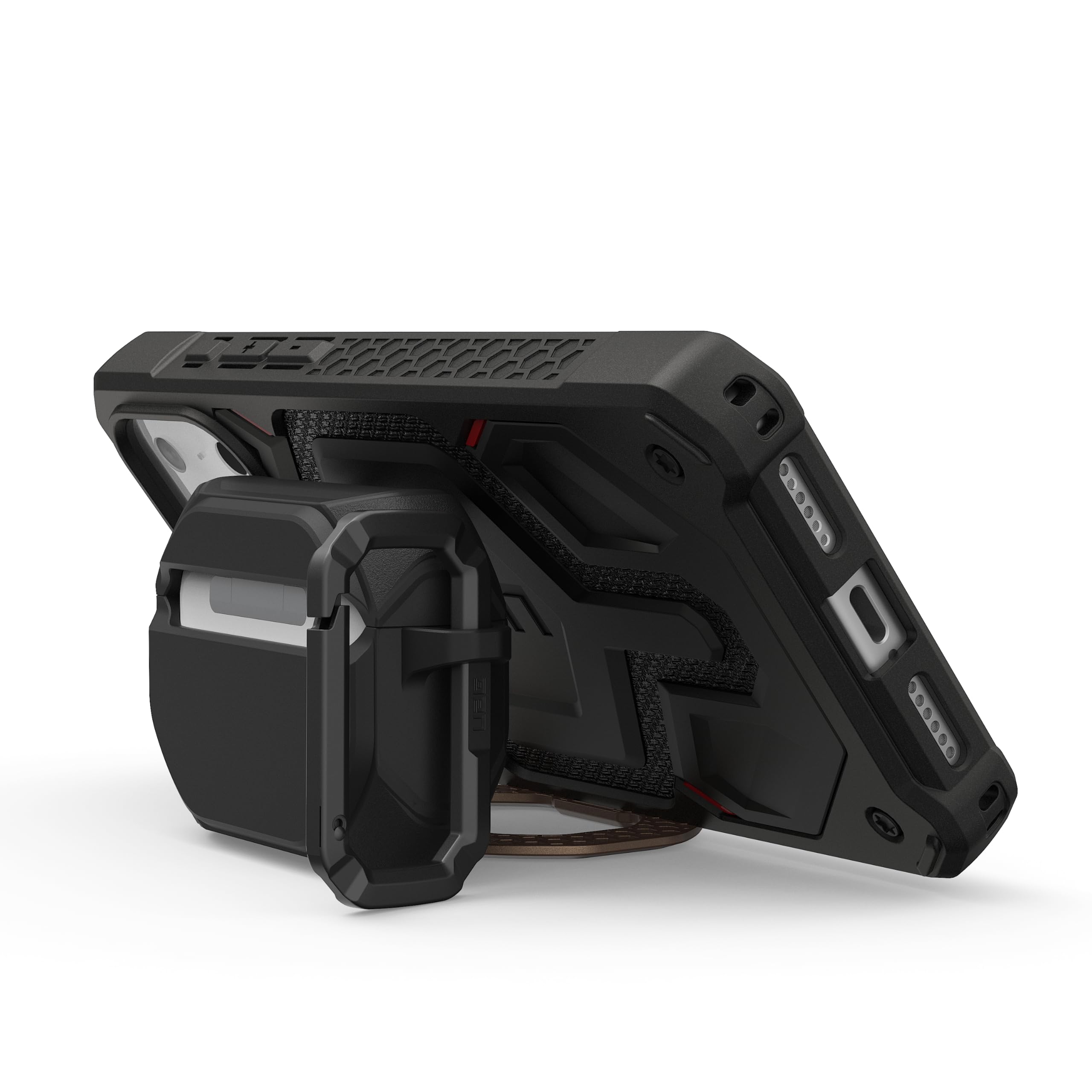 Alt View 2. UAG - AirPods Pro 3rd Gen Case w/ Built-in Phone Stand & Detachable Carabiner Clip, Rugged Protective Cover, Monarch - Black/Aged Bronze.