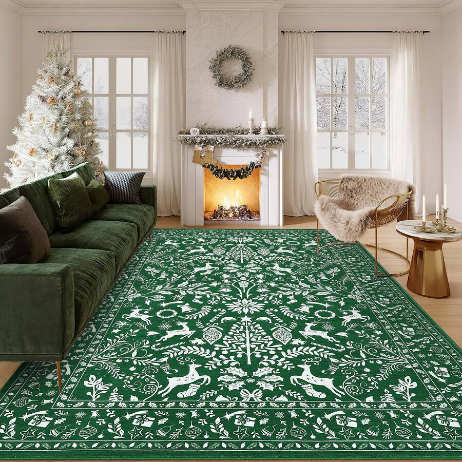 Ornament Pattern Rug Jojoka 4x6 ft Christmas Area Rug, Holiday Ornaments Print, Washable ...