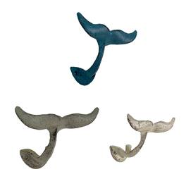 Zeckos - Set of 3 Cast Iron Nautical Whale Tale Wall Hooks - Multicolored