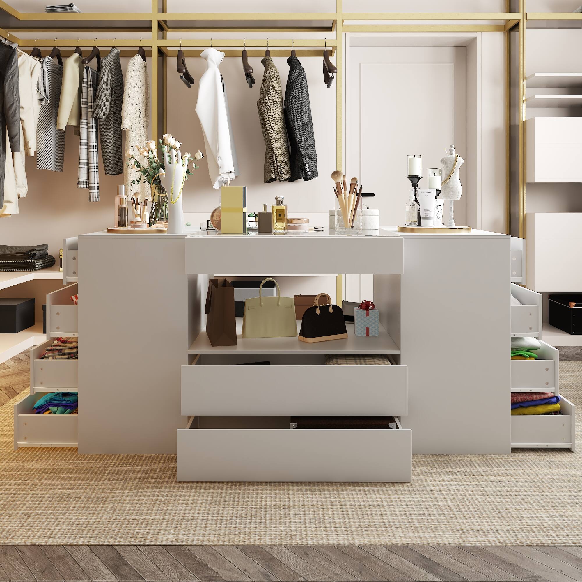 Alt View 2. Famapy - Famapy Multifunctional Closet Island Dresser with Glass Top & Organized Drawers - White.