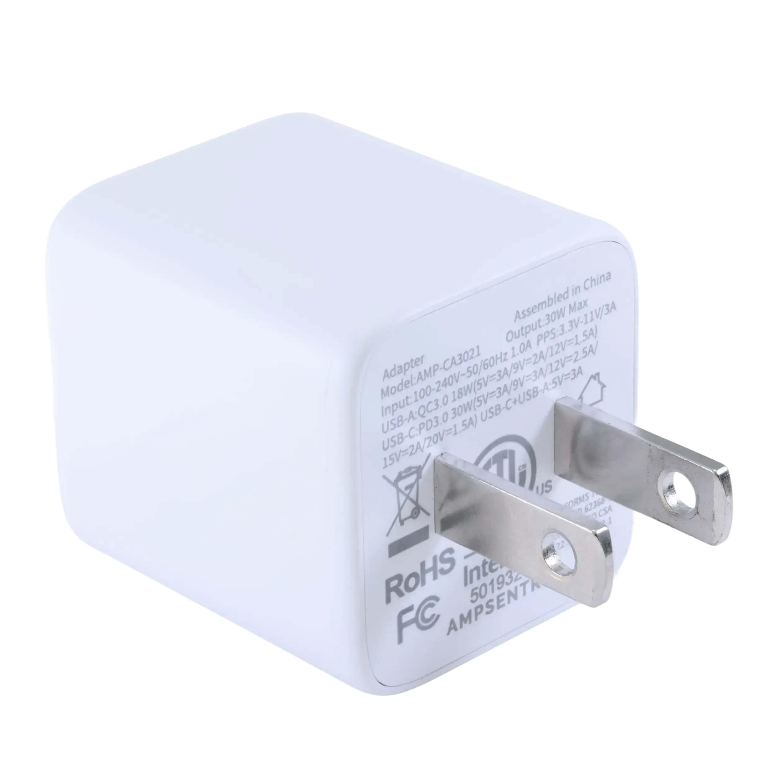 in China  
Assembled  
Adapter Model: AMP-CA3021  
Output: 30W Max  
PPS: 3.3V-11V/3A  
PPS3: 2V=1.5A, 1.0A  
Input: 100-240V~50/60Hz 0.5A  
USB-A: 5V=3A  
USB-C+USB-A: 5V=3A  
USB-C: PD3.0  
RoHS  
Intertek 501932  
FC  
AMPSENT
