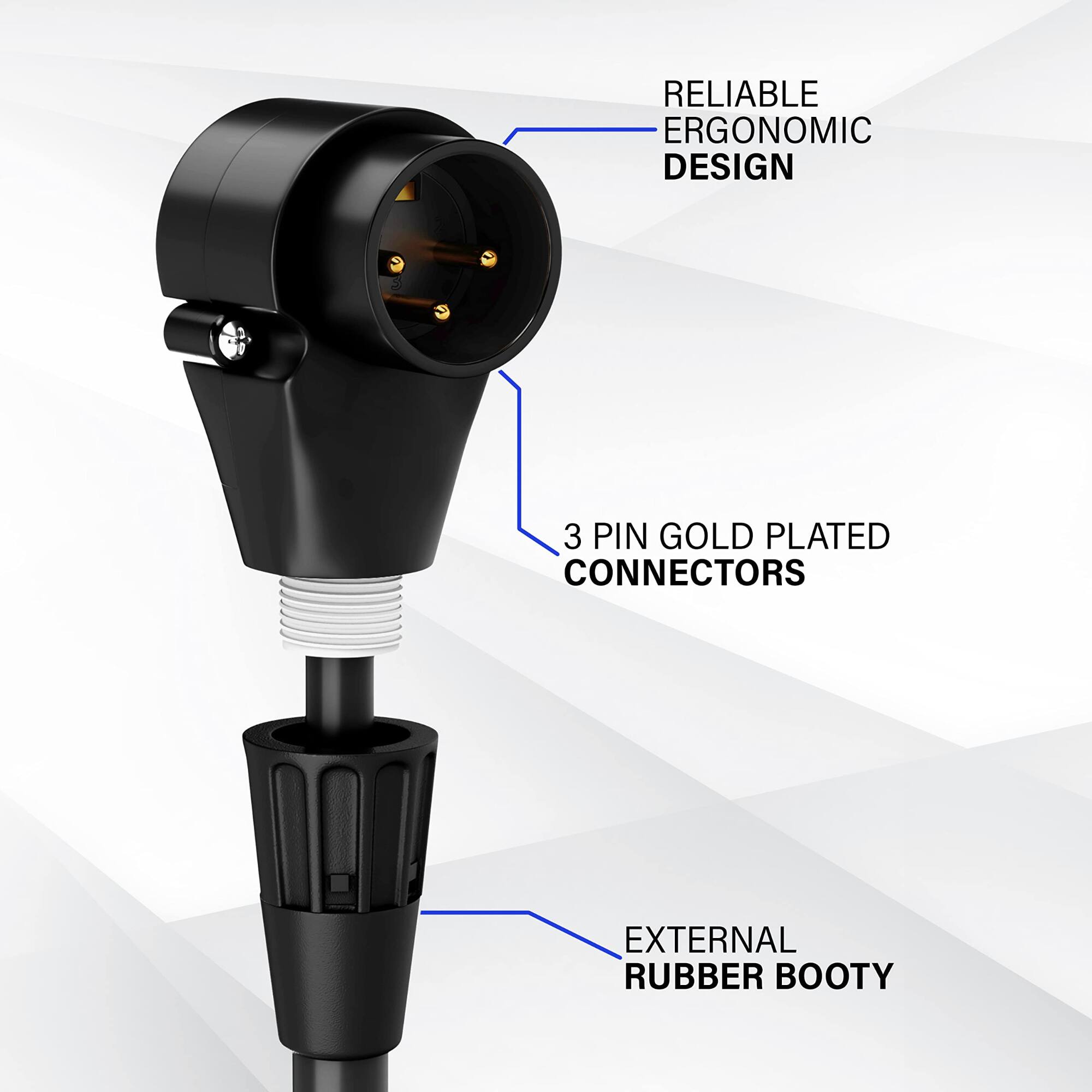 RELIABLE ERGONOMIC DESIGN
3 PIN GOLD PLATED CONNECTORS
EXTERNAL RUBBER BOOTY