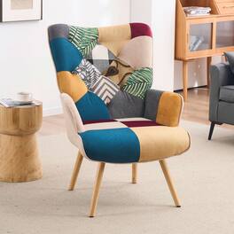 FERPIT - Patchwork Upholstered Wingback Accent Chair with Rubberwood Legs - Color Patchwork