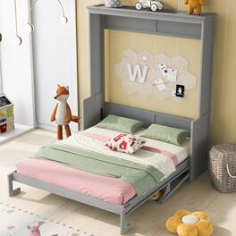 Whisen - Queen Size Murphy Bed with Built-in Shelf, Space-Saving Foldable Bed Frame - Gray