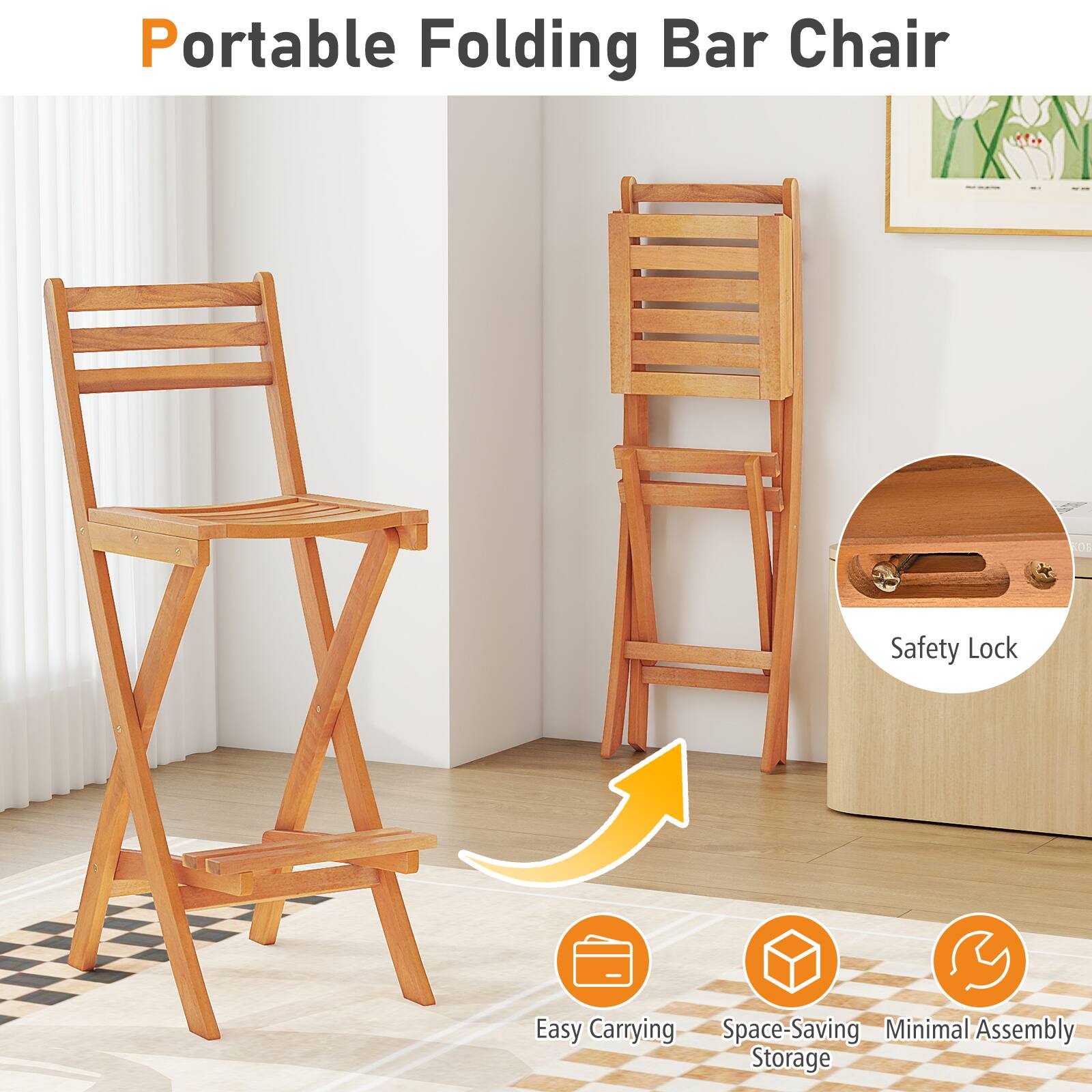 Portable Folding Bar Chair

- Safety Lock
- Easy Carrying
- Space-Saving
- Minimal Assembly
- Storage