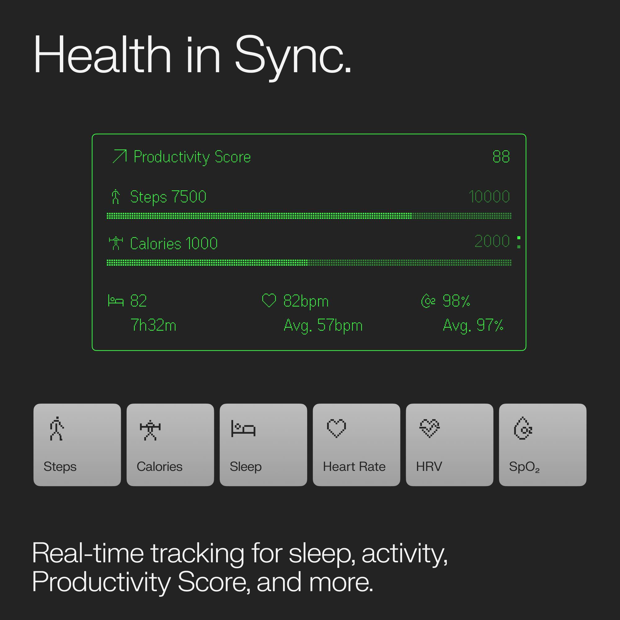 Health in Sync.

Productivity Score
88

Steps
7500
10000

Calories
1000
2000

Sleep
82
7h32m

Heart Rate
82bpm
Avg. 57bpm

SpO2
98%
Avg. 97%

Real-time tracking for sleep, activity, Productivity Score, and more.