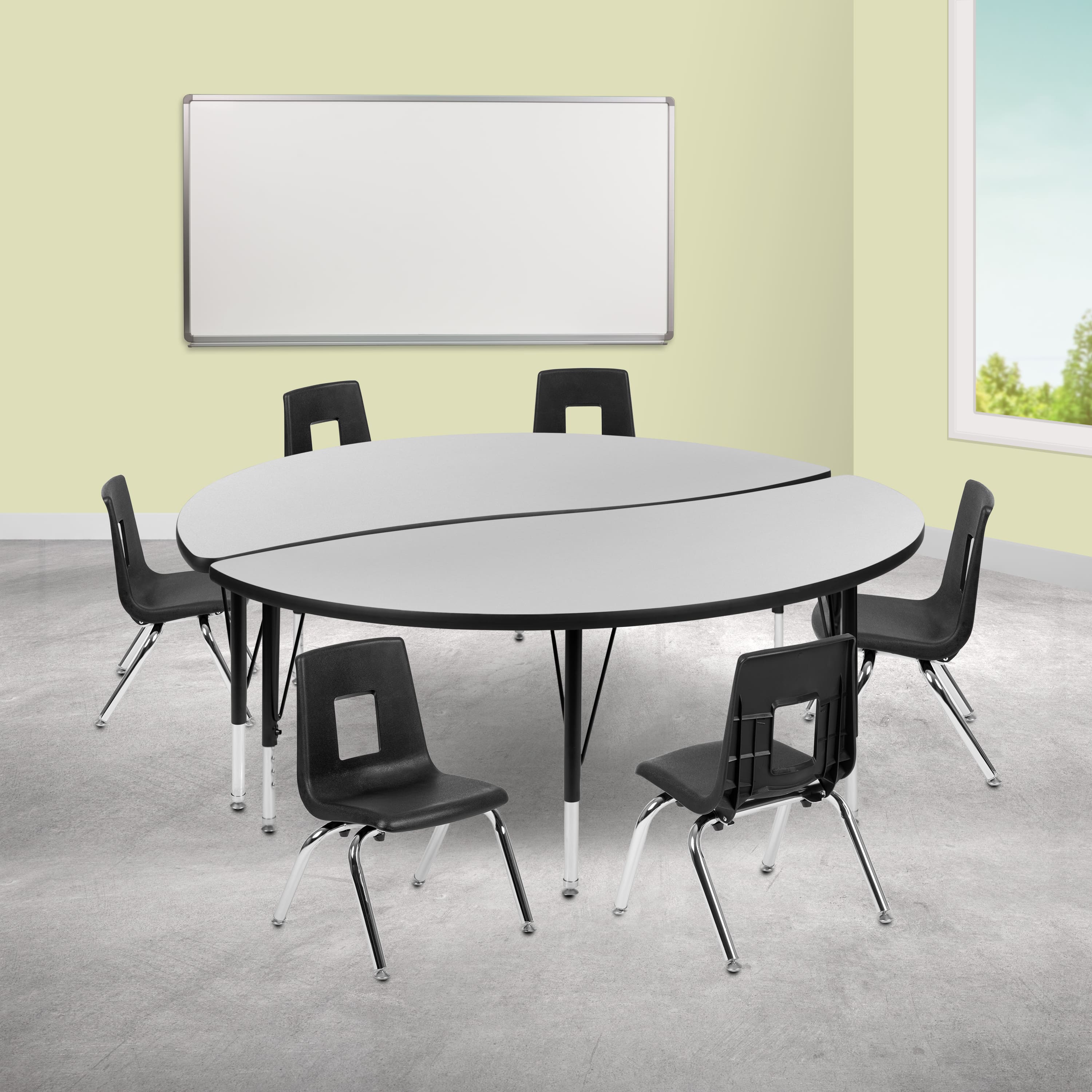 "Emma + Oliver - 60"" Circle Wave Collaborative Laminate Activity Table Set with 12"" Student Stack Chairs - Gray" price history on PriceWatchPro