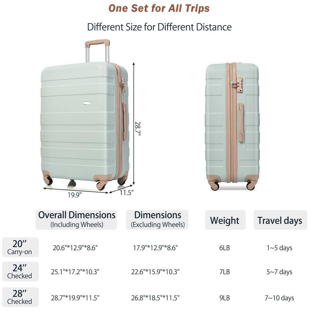 One Set for All Trips  
Different Size for Different Distance  

20" Carry-on  
Overall Dimensions (Including Wheels): 20.6" x 12.9" x 8.6"  
Dimensions (Excluding Wheels): 17.9" x 12.9" x 8.6"  
Weight: 6LB  
Travel days: 1~5 days  

24" Checked  
Overall Dimensions (Including Wheels): 25.1" x 17.2" x 10.3"  
Dimensions (Excluding Wheels): 22.6" x 15.9" x 10.3"  
Weight: 7LB  
Travel days: 5~7 days  

28" Checked  
Overall Dimensions (Including Wheels): 28.7" x 19.9" x 11.5"  
Dimensions (Excluding Wheels): 26.8" x 18.5" x 11.5"  
Weight: 9LB  
Travel days: 7~10 days