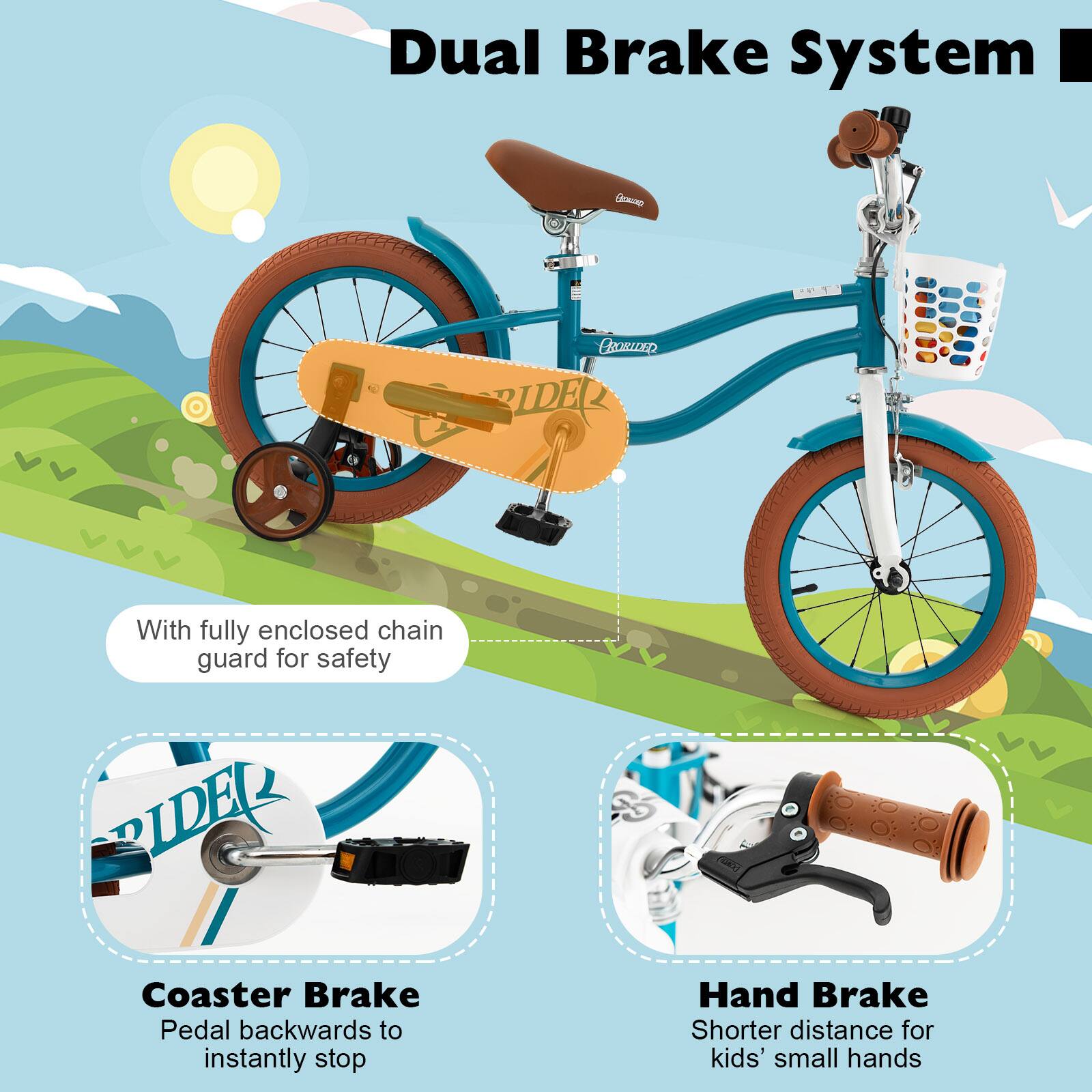 Dual Brake System

With fully enclosed chain guard for safety

Coaster Brake
Pedal backwards to instantly stop

Hand Brake
Shorter distance for kids' small hands