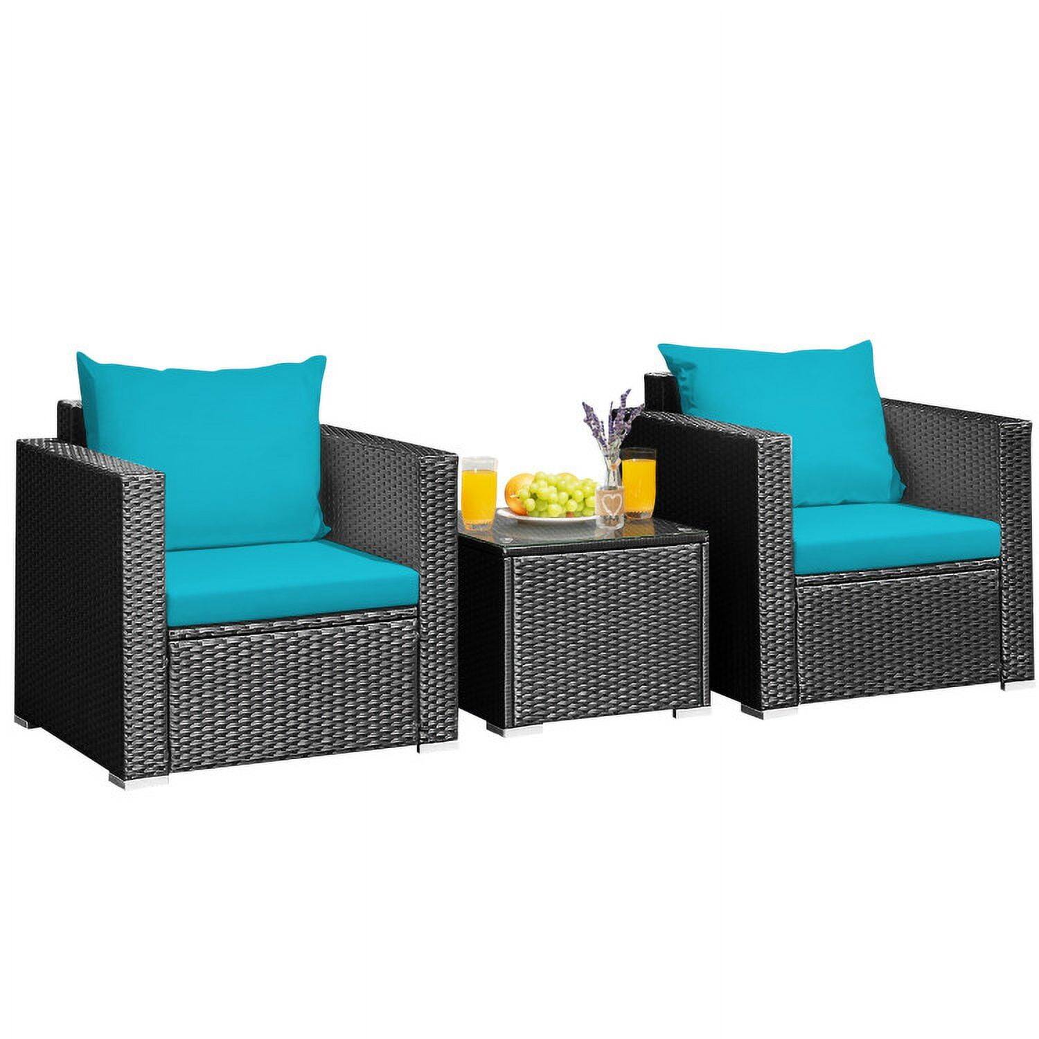 Angle. Kadyn - 3 Pieces Patio Wicker Conversation Set with Coffee Table and Cushions-Turquoise - Blue.