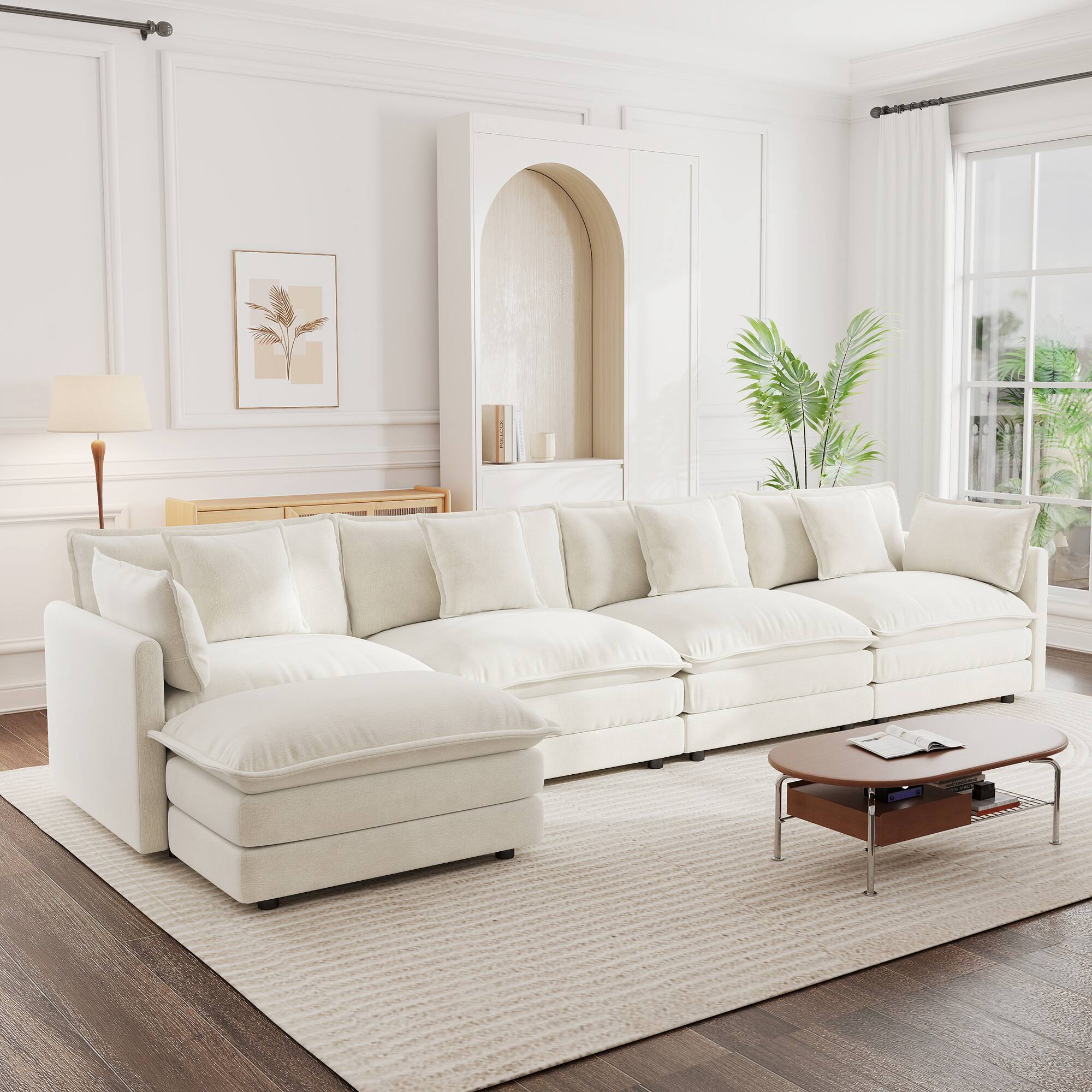 Angle. LOVMOR - 4 Seater Chenille Sectional Couch U Shaped Modular Easy Assembly For Living Room Home Theater Plush Cozy TV XL - White.