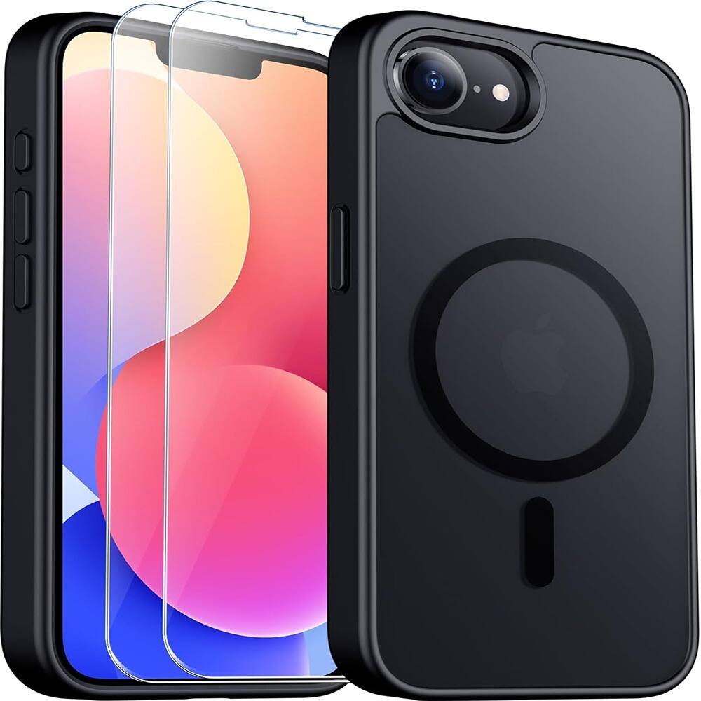 Front. ACJPR - Magnetic Matte Case for iPhone 16e with 2 Screen Protectors – Black - Color: Black Size: iPhone 16e 6.1.