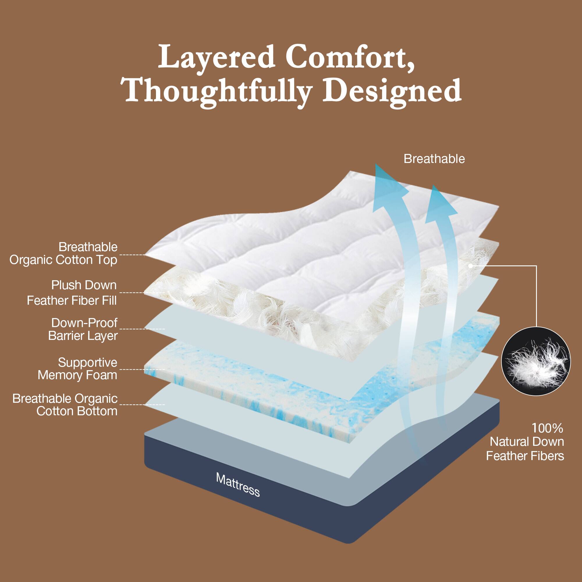 Layered Comfort, Thoughtfully Designed

Breathable Organic Cotton Top
Plush Down Feather Fiber Fill
Down-Proof Barrier Layer
Supportive Memory Foam
Breathable Organic Cotton Bottom
Mattress
100% Natural Down Feather Fibers