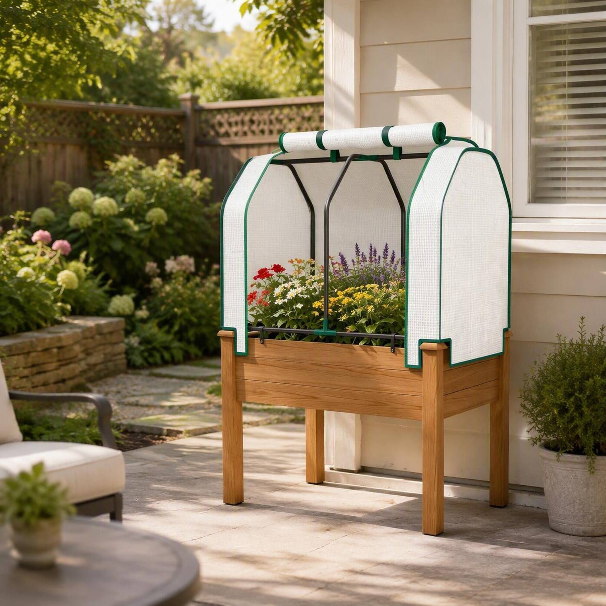 Left. RYHNUYNE - Wooden Raised Garden Bed with Roll-Up Cover and Steel Frame, 35.4x21.7x46.9 Inches, Brown, for Vegetables - Brown.
