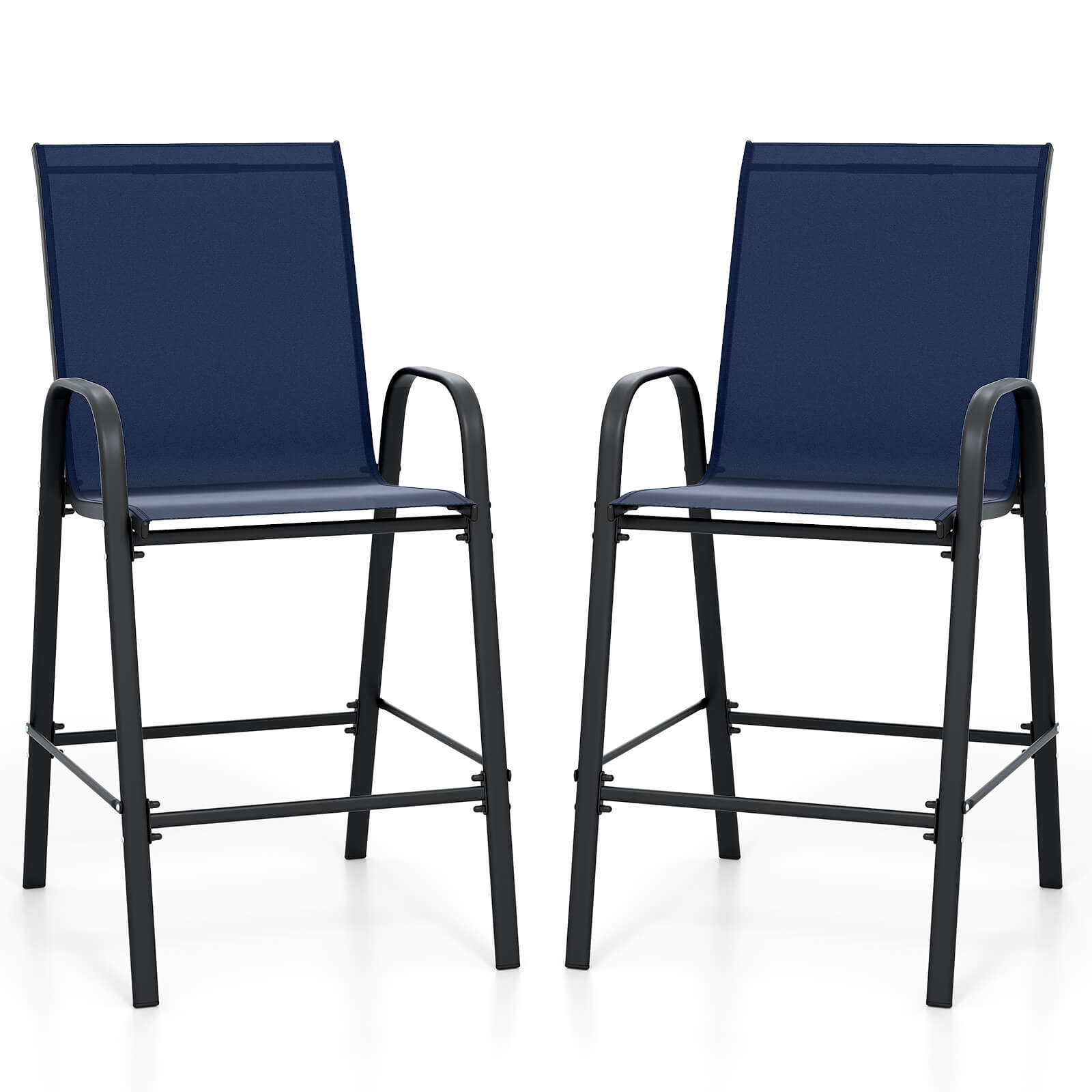 Costway - 2 PCS Outdoor Bar Stools 29" Fabric Bar Height Stools with Armrests & Footrest - Navy