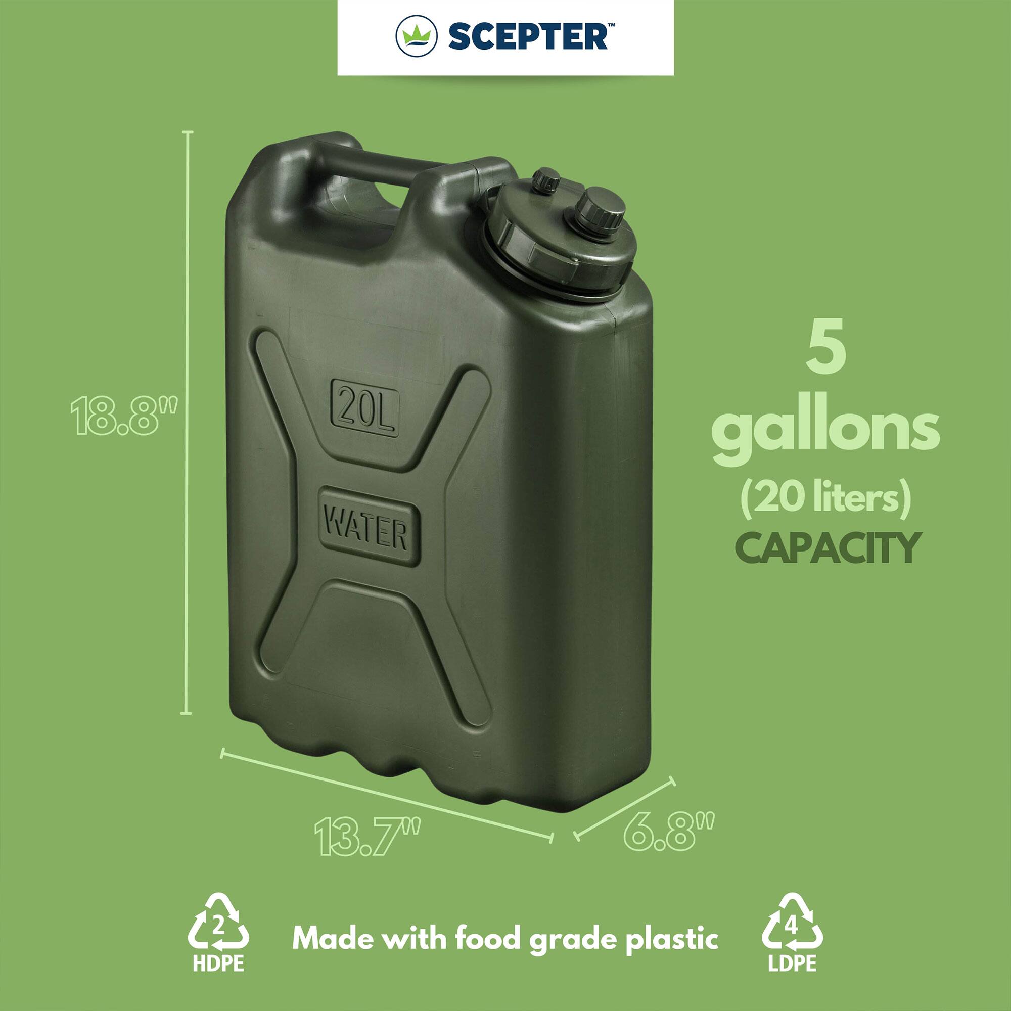 SCEPTER  
18.8"  
20L WATER  
5 gallons (20 liters) CAPACITY  
13.7"  
6.8"  
Made with food grade plastic  
HDPE  
LDPE