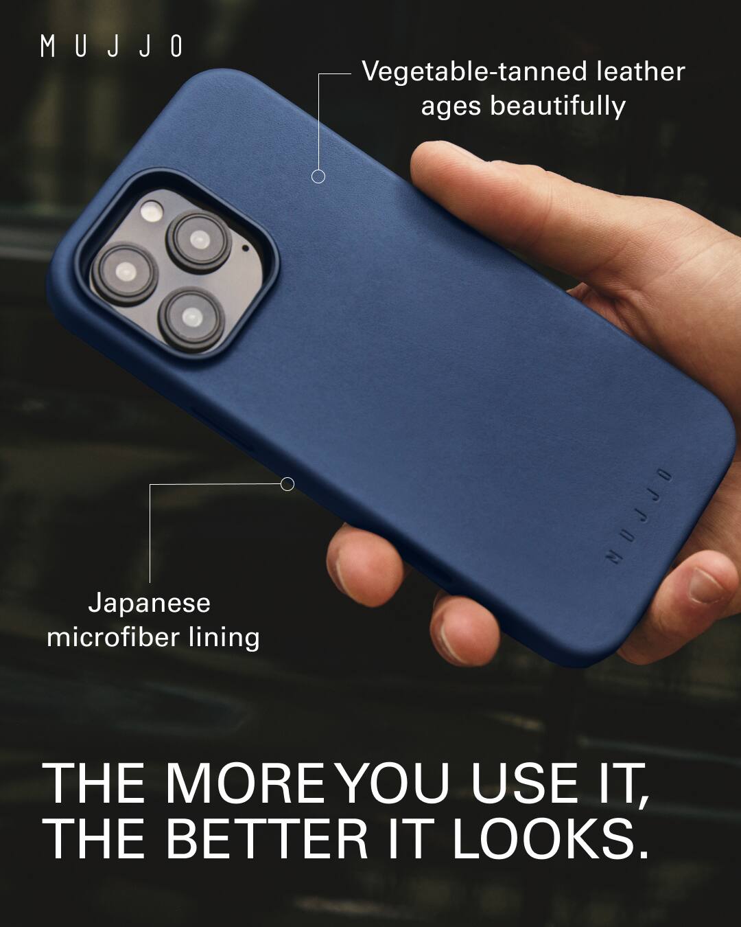 Mujjo Vegetable-tanned leather ages beautifully. Japanese microfiber lining. The more you use it, the better it looks.