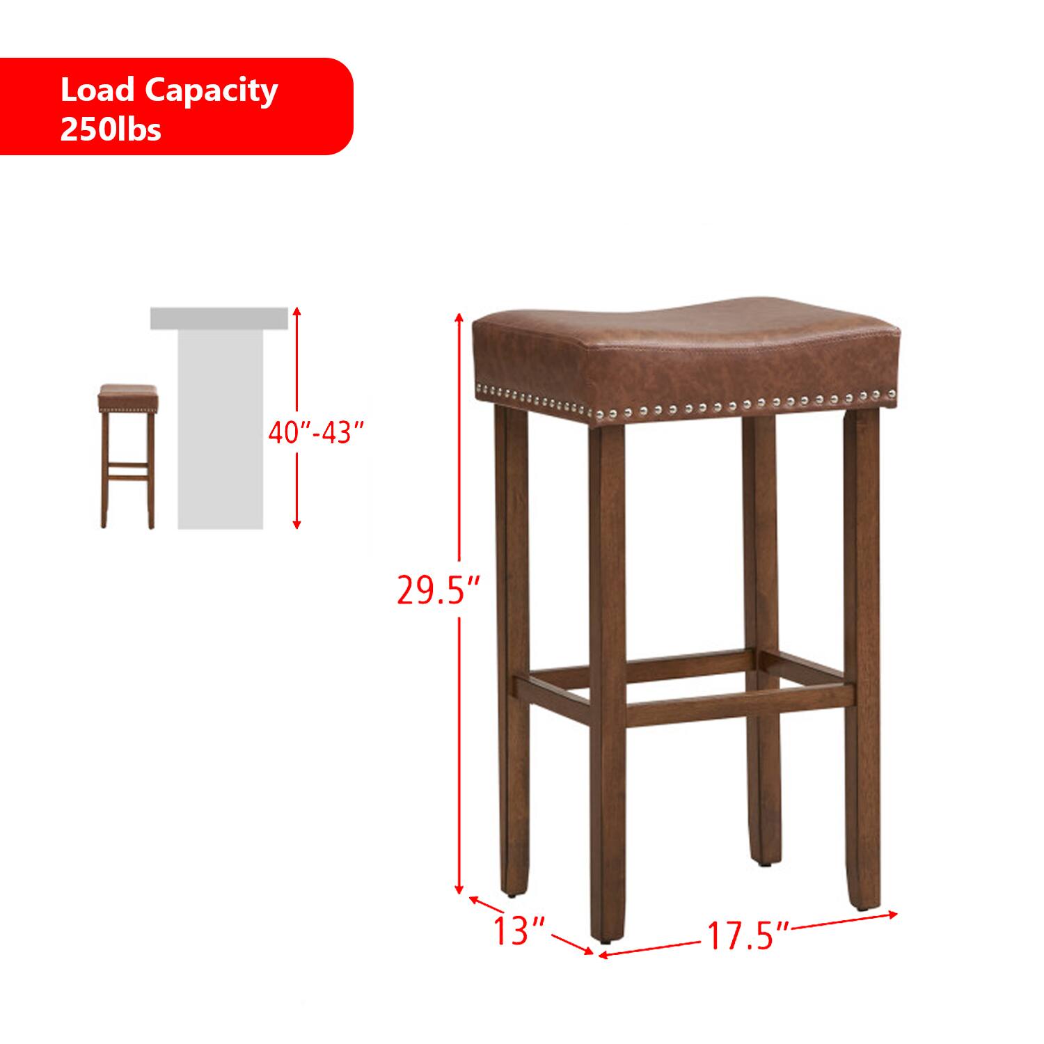 Load Capacity  
250lbs  

40"-43"  
29.5"  
13"  
17.5"