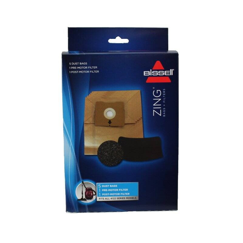 5 DUST BAGS  
1 PRE-MOTOR FILTER  
1 POST-MOTOR FILTER  

BISSELL ZING FILTERS  
BAGS + FILTERS  

FITS ALL 4122 SERIES MODELS