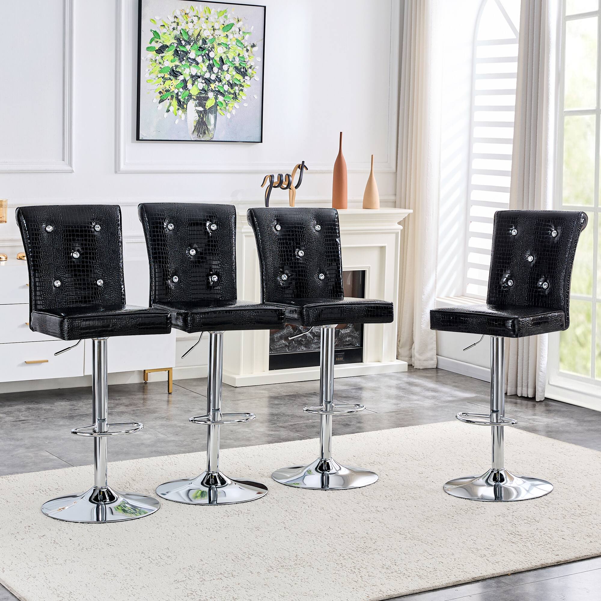 Alt View 1. Loheer - Vintage Faux Crocodile Lift Bar Stools Set of 2 Crystal Tufted 1.8x1.42x4.08 ft - Black.