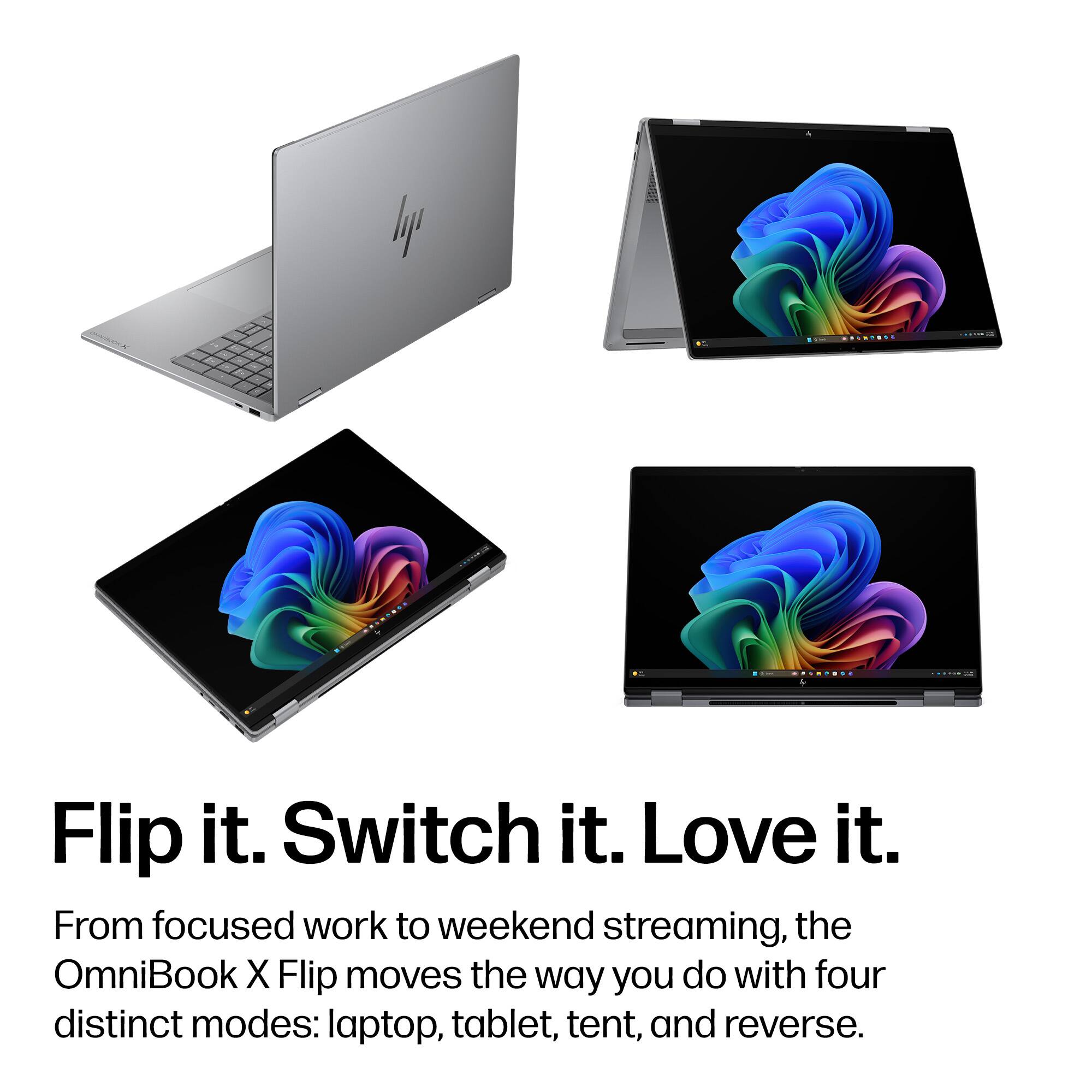 Flip it. Switch it. Love it.

From focused work to weekend streaming, the OmniBook X Flip moves the way you do with four distinct modes: laptop, tablet, tent, and reverse.