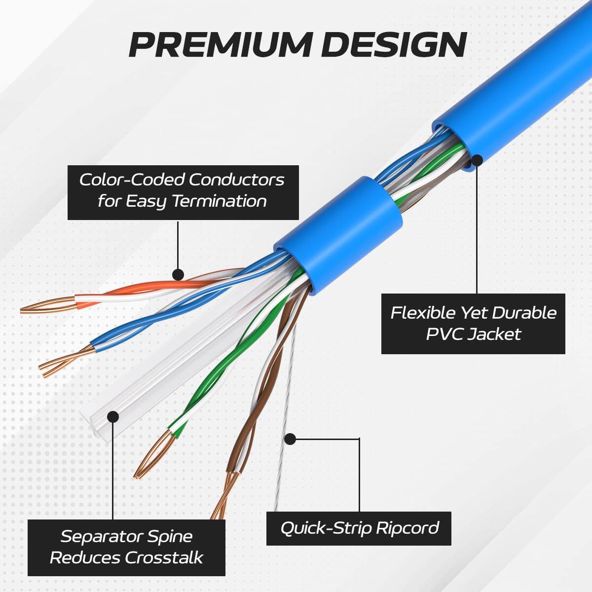 PREMIUM DESIGN

- Color-Coded Conductors for Easy Termination
- Flexible Yet Durable PVC Jacket
- Separator Spine Reduces Crosstalk
- Quick-Strip Ripcord