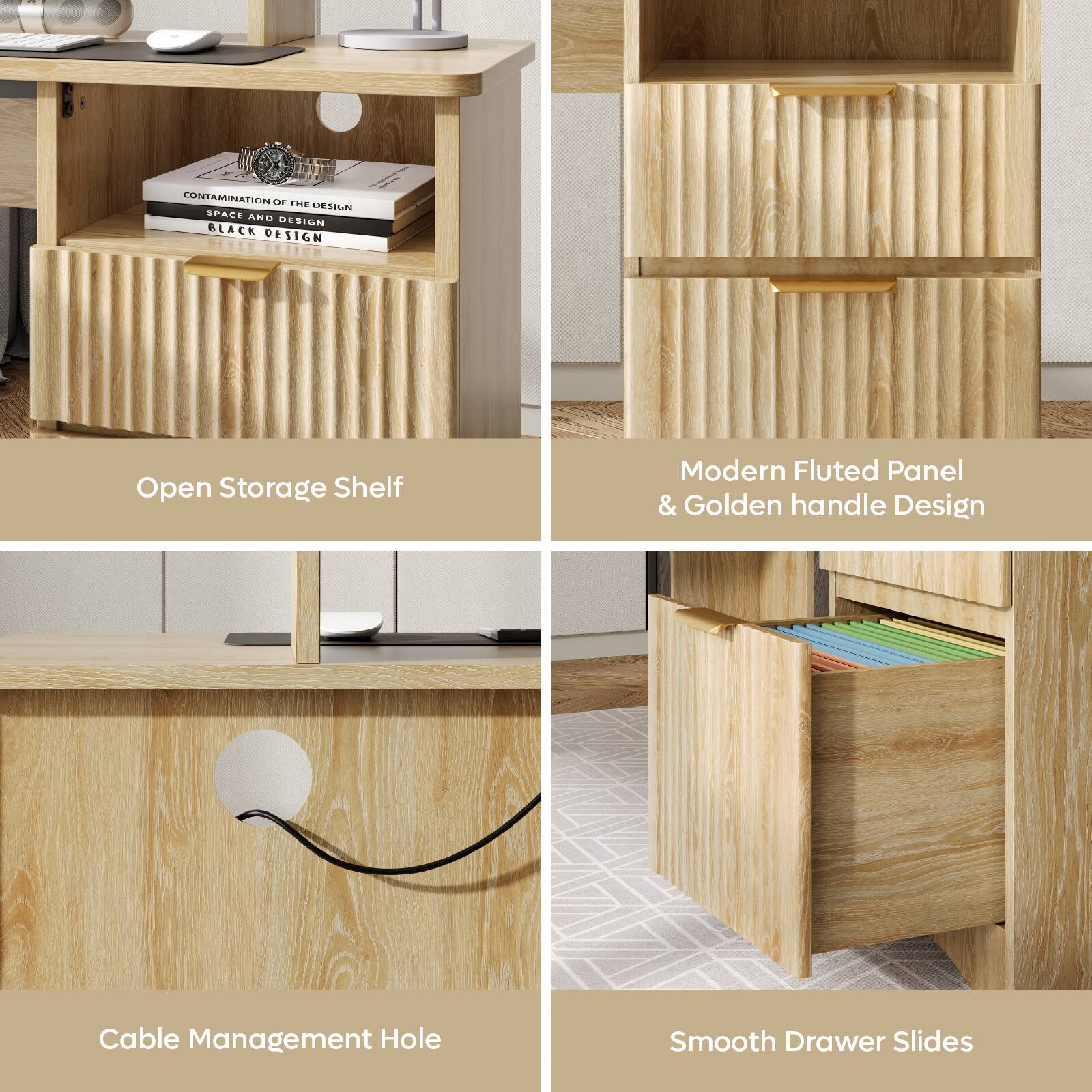 - Open Storage Shelf
- Modern Fluted Panel & Golden Handle Design
- Cable Management Hole
- Smooth Drawer Slides