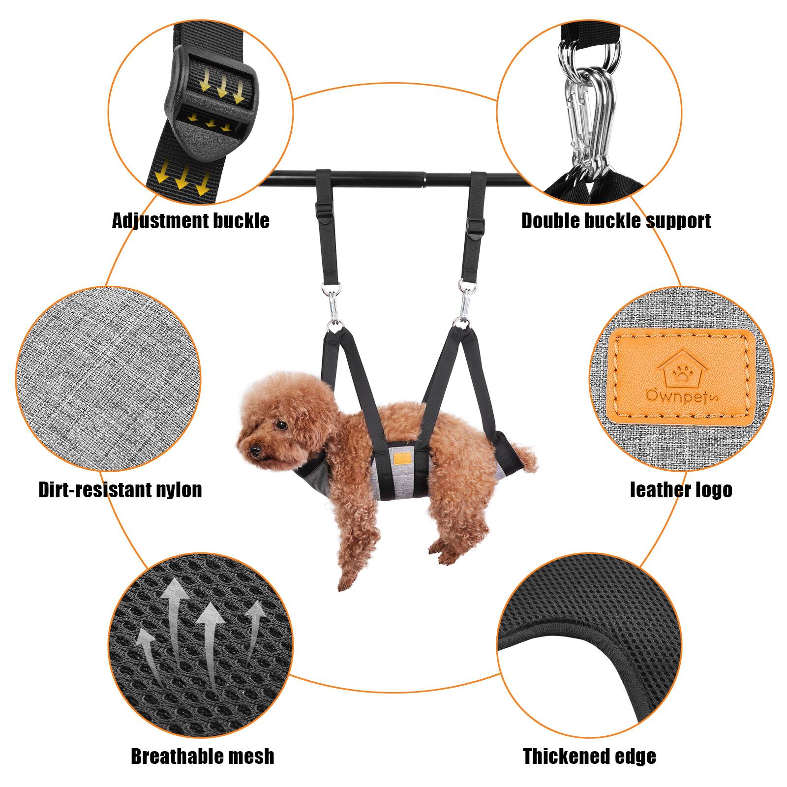 Adjustment buckle, Double buckle support, Dirt-resistant nylon, Breathable mesh, Thickened edge, Ownpete, leather logo