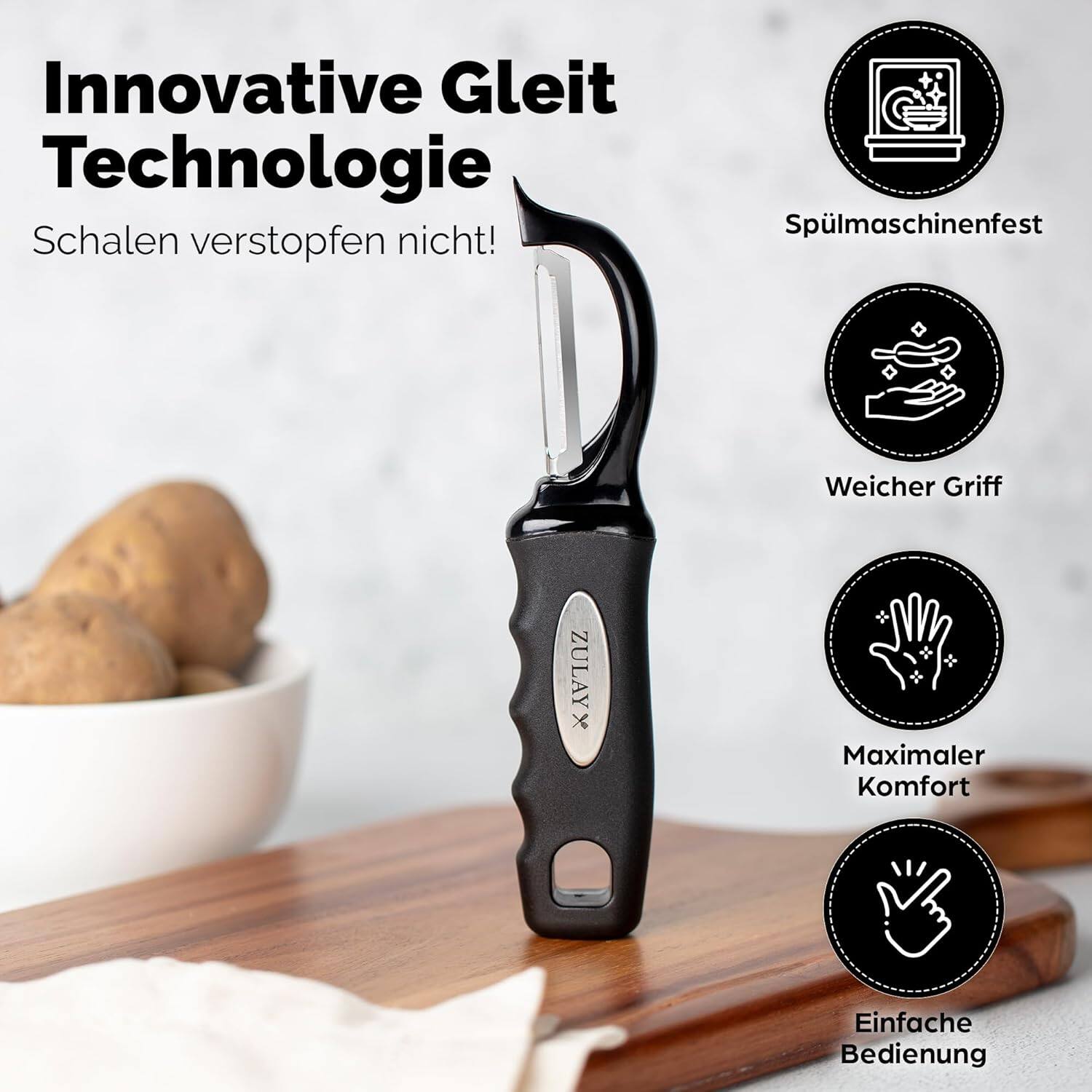 Innovative Gleit Technologie  
Schalen verstopfen nicht!  

Spülmaschinenfest  
Weicher Griff  
Maximaler Komfort  
Einfache Bedienung