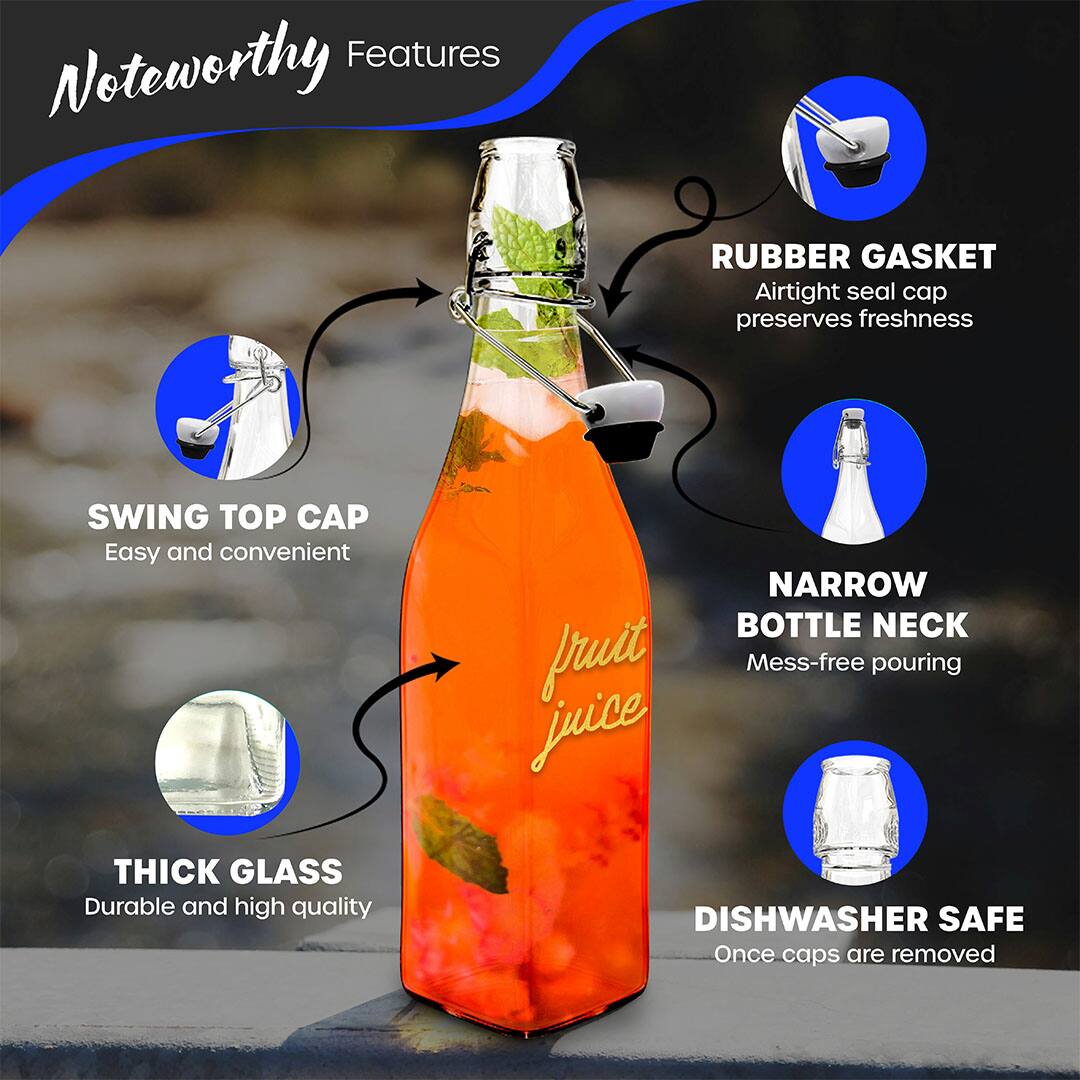 Noteworthy Features

- SWING TOP CAP
  - Easy and convenient

- RUBBER GASKET
  - Airtight seal cap preserves freshness

- THICK GLASS
  - Durable and high quality

- NARROW BOTTLE NECK
  - Mess-free pouring

- DISHWASHER SAFE
  - Once caps are removed