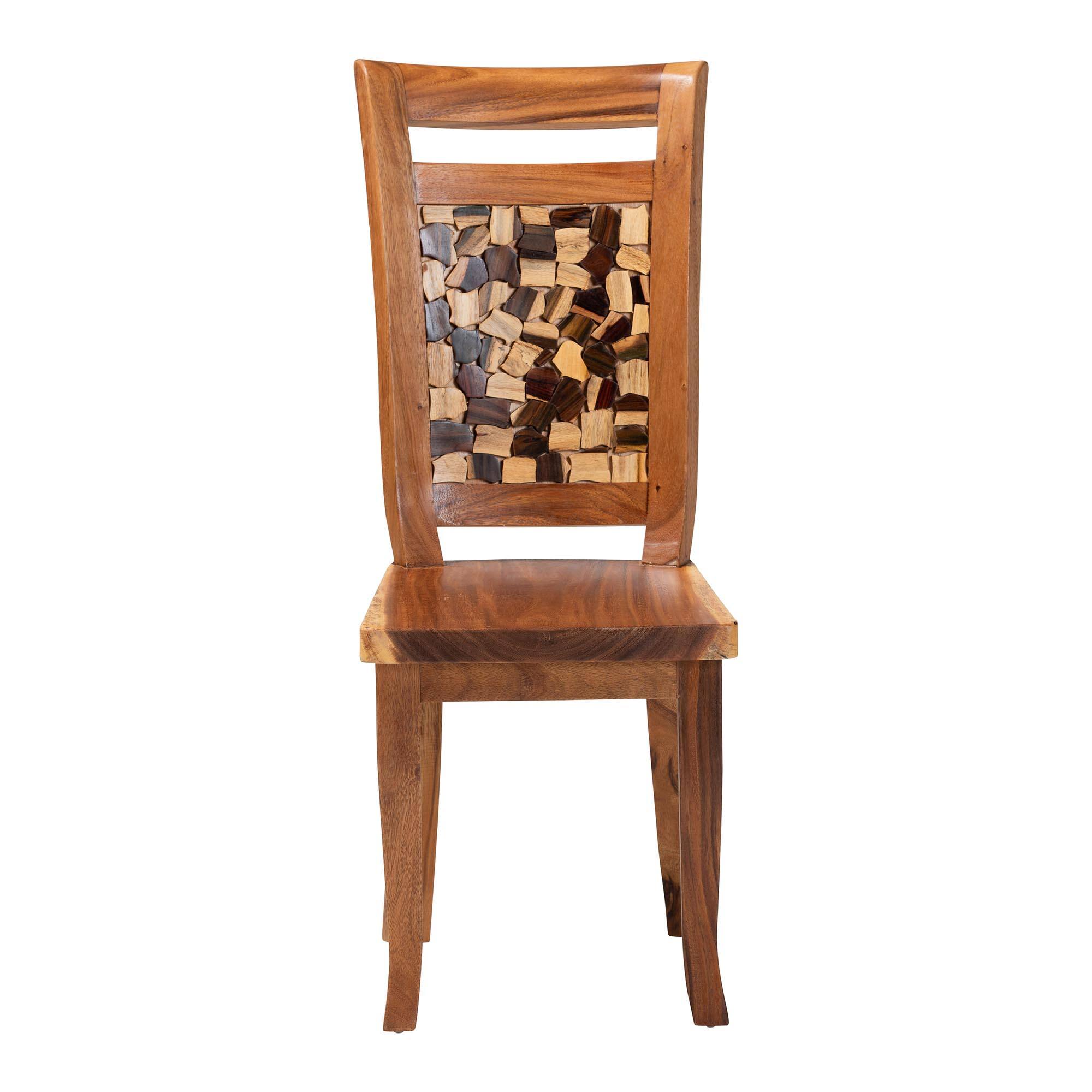 Angle. bali & pari - Luan Suar Wood Dining Chair - Handcrafted Solid Wood Seat with Mosaic Backrest Inlay, Accent Chair - Natural Brown.