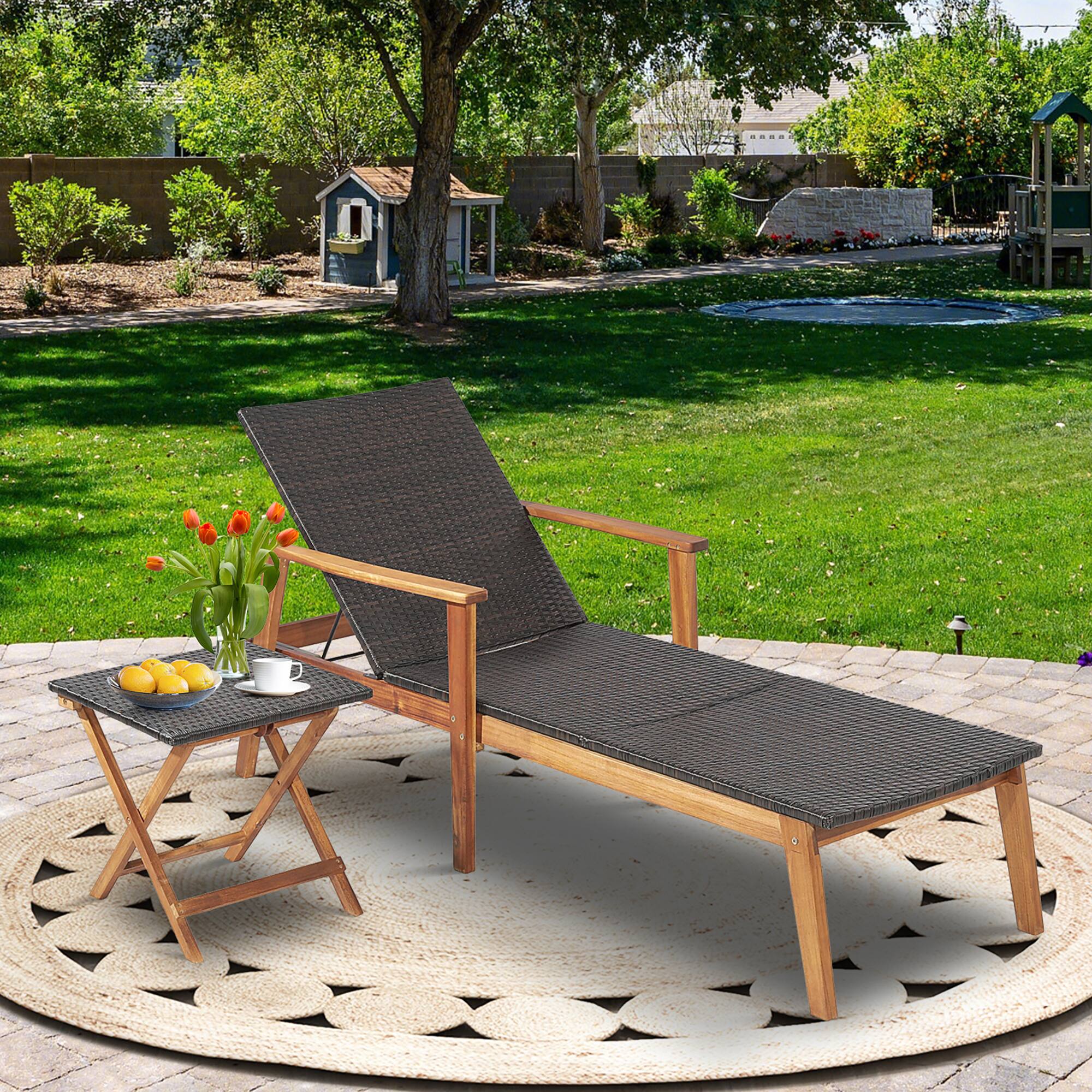 Alt View 1. Costway - Costway 2PCS Patio Rattan Lounge Chair Chaise Recliner Wood Back Adjust W/Folding Table - Mix Brown.
