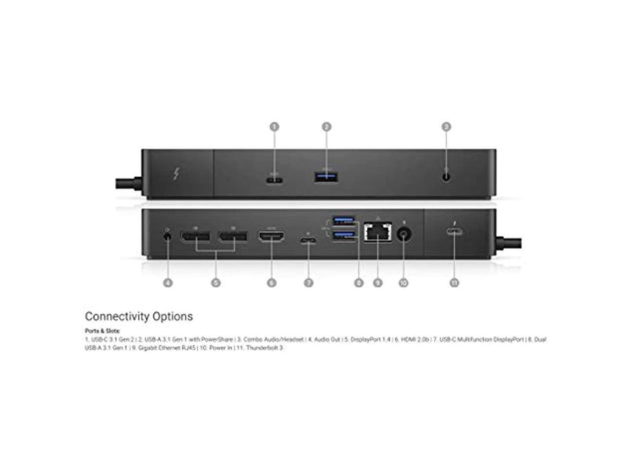 1. USB-C 3.1 Gen 2
2. USB-A 3.1 Gen 1 with PowerShare
3. Combo Audio/Headset
4. Audio Out
5. DisplayPort 1.4
6. HDMI 2.0
7. USB-C Multifunction DisplayPort
8. Dual USB-A 3.1 Gen 1
9. 10 Gbabit Ethernet RJ45
10. Power in
11. Thunderbolt 3